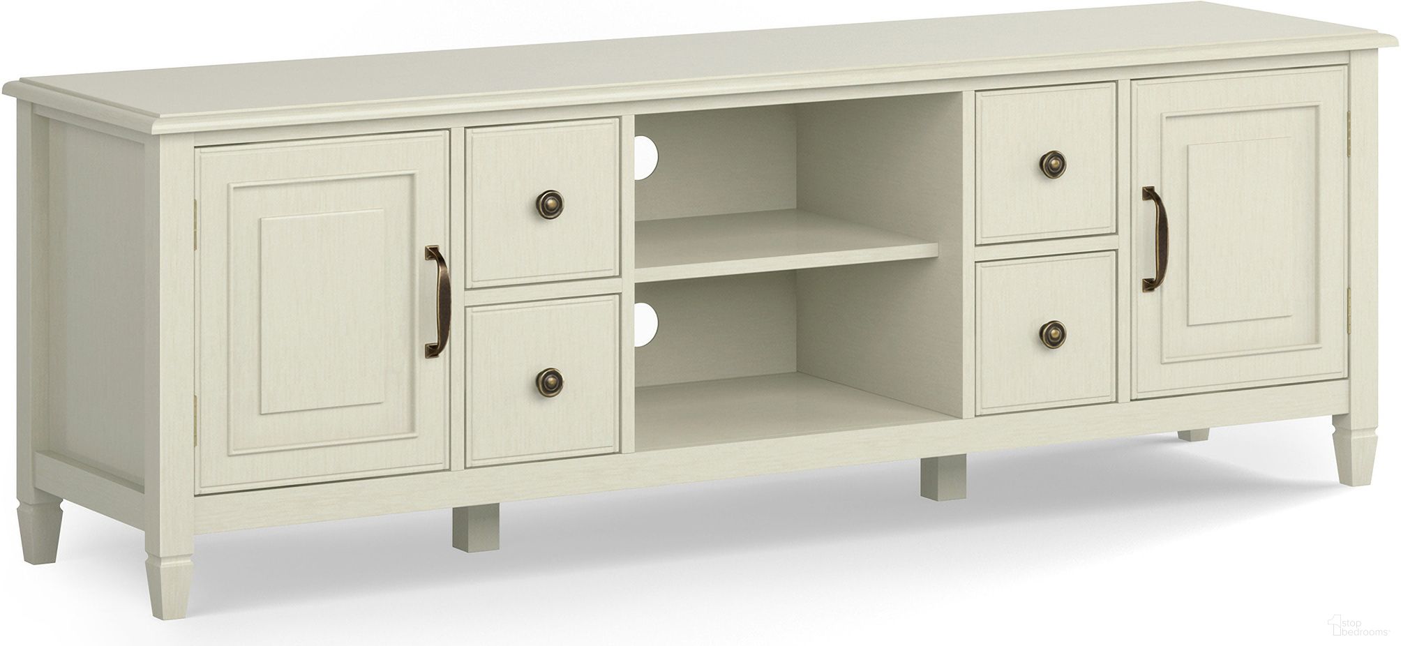 The appearance of Connaught Solid Wood 72 Inch Wide TV Stand In Antique White designed by Simpli Home in the traditional interior design. This antique white piece of furniture  was selected by 1StopBedrooms from Connaught Collection to add a touch of cosiness and style into your home. Sku: AXCCON-07-AWH. Material: Pine.