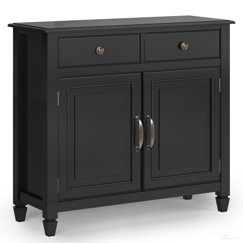 The appearance of Connaught Solid Wood Entryway Storage Cabinet In Black designed by Simpli Home in the traditional interior design. This black piece of furniture  was selected by 1StopBedrooms from Connaught Collection to add a touch of cosiness and style into your home. Sku: AXCCON47-BL. Material: Pine.
