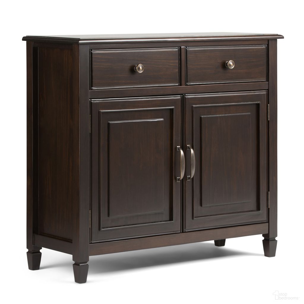 The appearance of Connaught Solid Wood Entryway Storage Cabinet In Dark Chestnut Brown designed by Simpli Home in the traditional interior design. This dark chestnut brown piece of furniture  was selected by 1StopBedrooms from Connaught Collection to add a touch of cosiness and style into your home. Sku: 3AXCCON-04. Material: Pine.