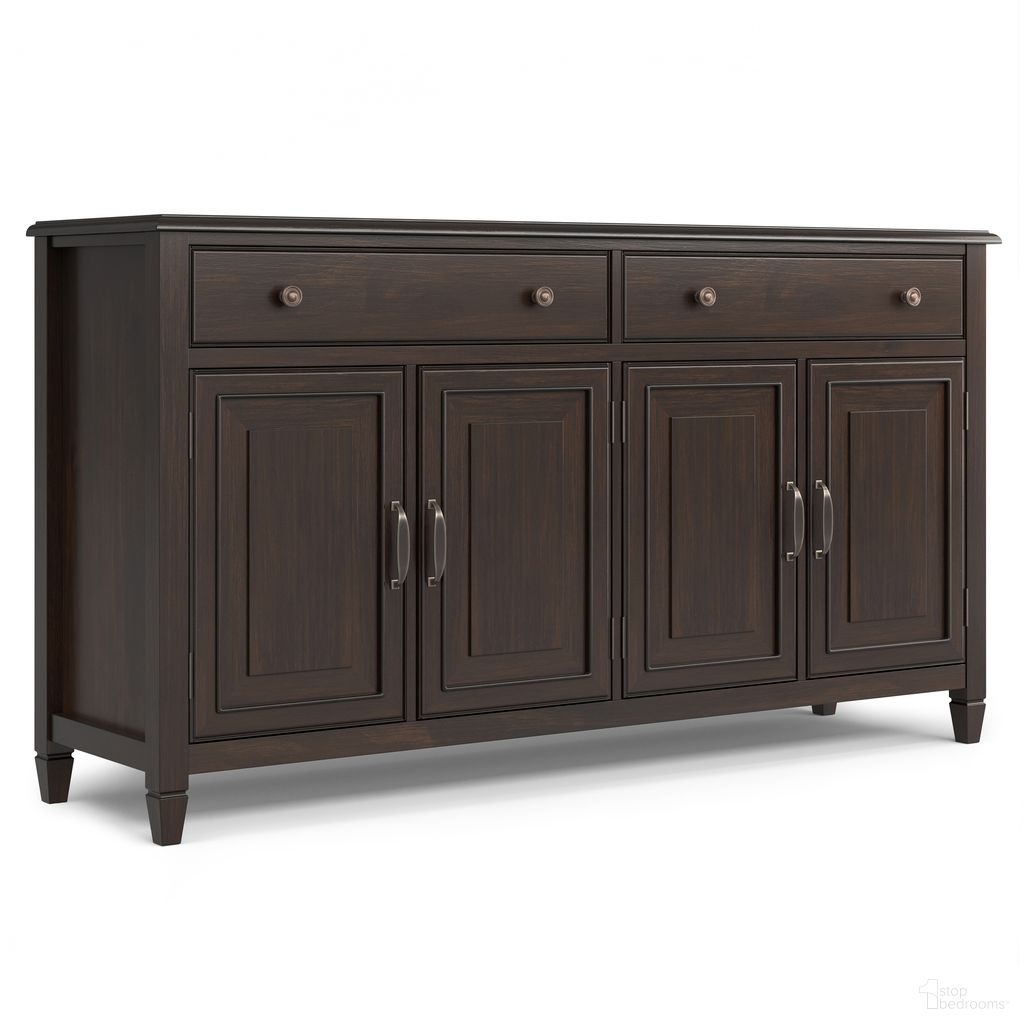 The appearance of Connaught Solid Wood Large Sideboard Buffet Storage Cabinet In Dark Chestnut Brown designed by Simpli Home in the traditional interior design. This dark chestnut brown piece of furniture  was selected by 1StopBedrooms from Connaught Collection to add a touch of cosiness and style into your home. Sku: AXCCON53. Material: Pine.