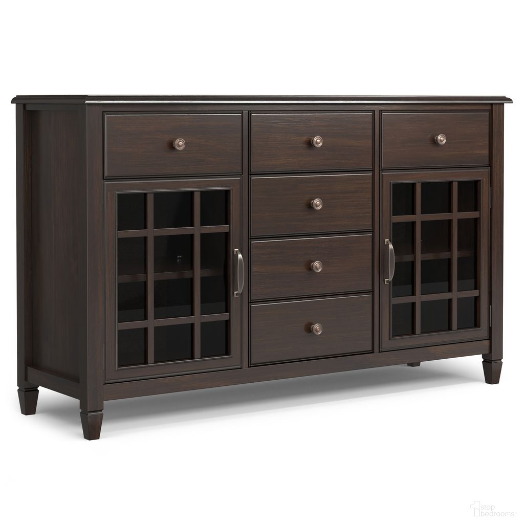 The appearance of Connaught Solid Wood Sideboard Buffet In Chestnut Brown designed by Simpli Home in the traditional interior design. This chestnut brown piece of furniture  was selected by 1StopBedrooms from Connaught Collection to add a touch of cosiness and style into your home. Sku: AXCCON-11. Material: Pine.