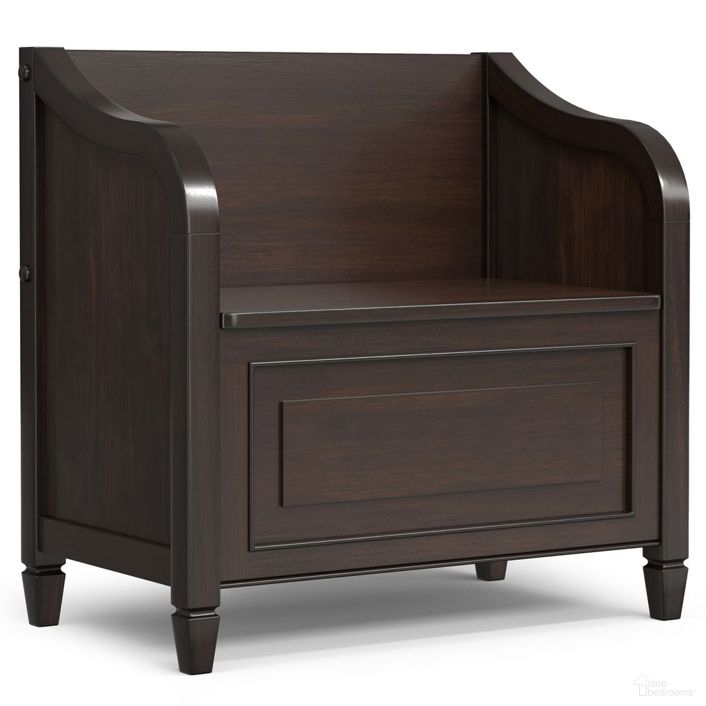 The appearance of Connaught Solid Wood Small Entryway Storage Bench In Chestnut Brown designed by Simpli Home in the traditional interior design. This chestnut brown piece of furniture  was selected by 1StopBedrooms from Connaught Collection to add a touch of cosiness and style into your home. Sku: AXCCON-09SM. Material: Pine.