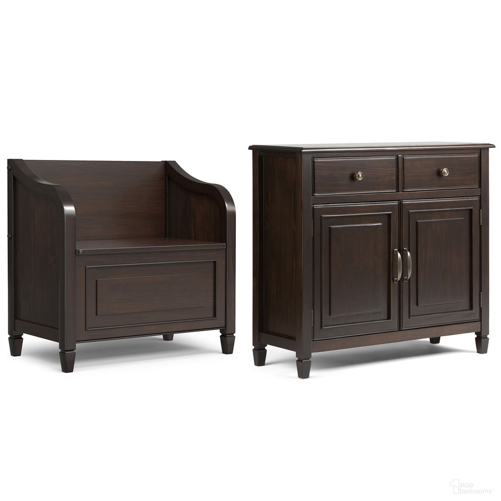 The appearance of Connaught Solid Wood Small Storage Bench and Storage Cabinet In Dark Chestnut Brown designed by Simpli Home in the modern / contemporary interior design. This dark chestnut brown piece of furniture  was selected by 1StopBedrooms from Connaught Collection to add a touch of cosiness and style into your home. Sku: COENT002DCB. Material: Pine.
