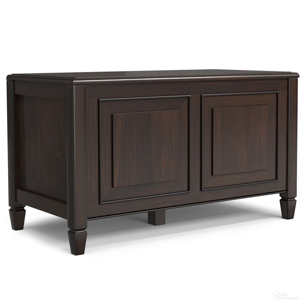 The appearance of Connaught Solid Wood Small Storage Bench Trunk In Chestnut Brown designed by Simpli Home in the traditional interior design. This chestnut brown piece of furniture  was selected by 1StopBedrooms from Connaught Collection to add a touch of cosiness and style into your home. Sku: AXCCON42SM. Material: Pine.