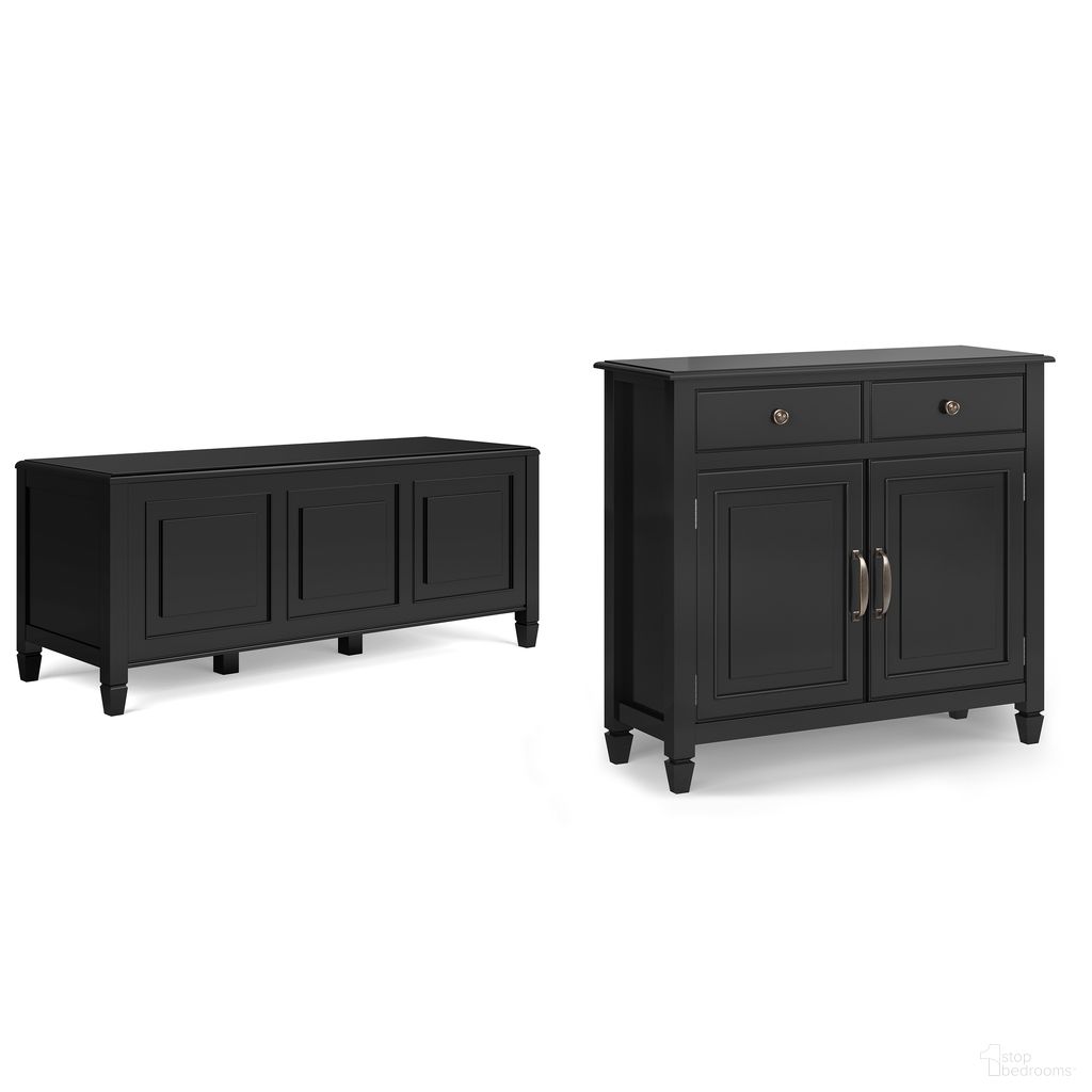 The appearance of Connaught Solid Wood Storage Bench Trunk and Storage Cabinet In Black designed by Simpli Home in the modern / contemporary interior design. This black piece of furniture  was selected by 1StopBedrooms from Connaught Collection to add a touch of cosiness and style into your home. Sku: COENT004BL. Material: Pine.