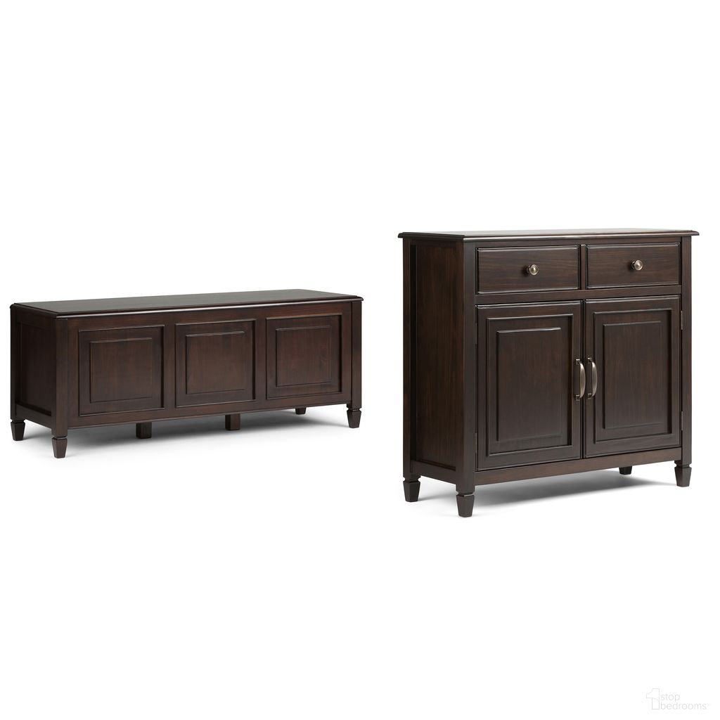 The appearance of Connaught Solid Wood Storage Bench Trunk and Storage Cabinet In Dark Chestnut Brown designed by Simpli Home in the modern / contemporary interior design. This dark chestnut brown piece of furniture  was selected by 1StopBedrooms from Connaught Collection to add a touch of cosiness and style into your home. Sku: COENT004DCB. Material: Pine.