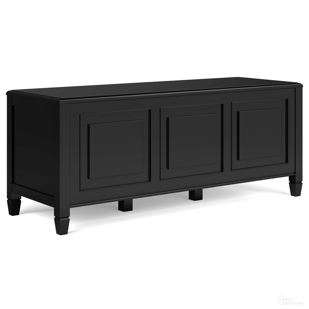 The appearance of Connaught Solid Wood Storage Bench Trunk In Black designed by Simpli Home in the traditional interior design. This black piece of furniture  was selected by 1StopBedrooms from Connaught Collection to add a touch of cosiness and style into your home. Sku: AXCCON42-BL. Material: Pine.