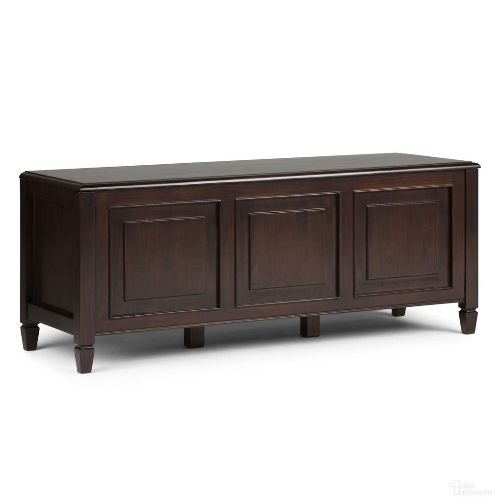 The appearance of Connaught Solid Wood Storage Bench Trunk In Dark Chestnut Brown designed by Simpli Home in the traditional interior design. This dark chestnut brown piece of furniture  was selected by 1StopBedrooms from Connaught Collection to add a touch of cosiness and style into your home. Sku: 3AXCCON-08. Material: Pine.