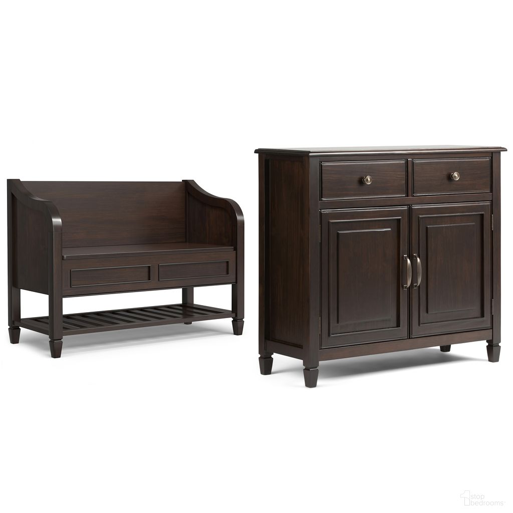 The appearance of Connaught Solid Wood Storage Bench with Shelf and Storage Cabinet In Dark Chestnut Brown designed by Simpli Home in the modern / contemporary interior design. This dark chestnut brown piece of furniture  was selected by 1StopBedrooms from Connaught Collection to add a touch of cosiness and style into your home. Sku: COENT003DCB. Material: Pine.