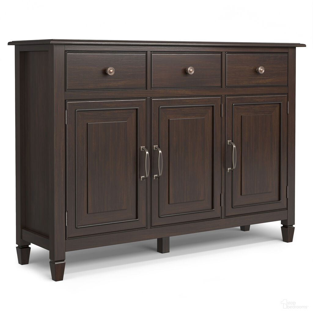 The appearance of Connaught Solid Wood Wide Entryway Storage Cabinet In Chestnut Brown designed by Simpli Home in the traditional interior design. This chestnut brown piece of furniture  was selected by 1StopBedrooms from Connaught Collection to add a touch of cosiness and style into your home. Sku: AXCCON47W. Material: Pine.