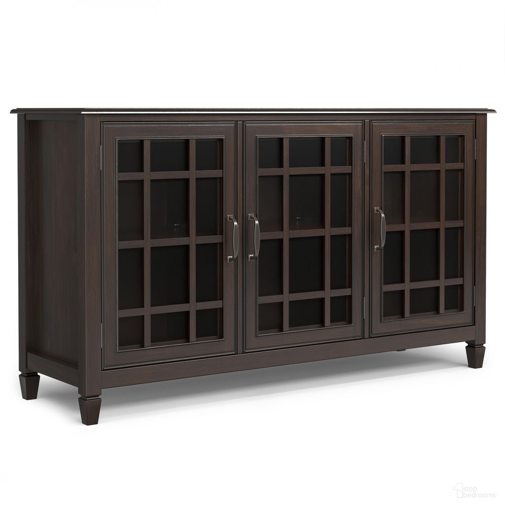 The appearance of Connaught Solid Wood Wide Storage Cabinet Buffet In Chestnut Brown designed by Simpli Home in the traditional interior design. This chestnut brown piece of furniture  was selected by 1StopBedrooms from Connaught Collection to add a touch of cosiness and style into your home. Sku: AXCCON39. Material: Pine.