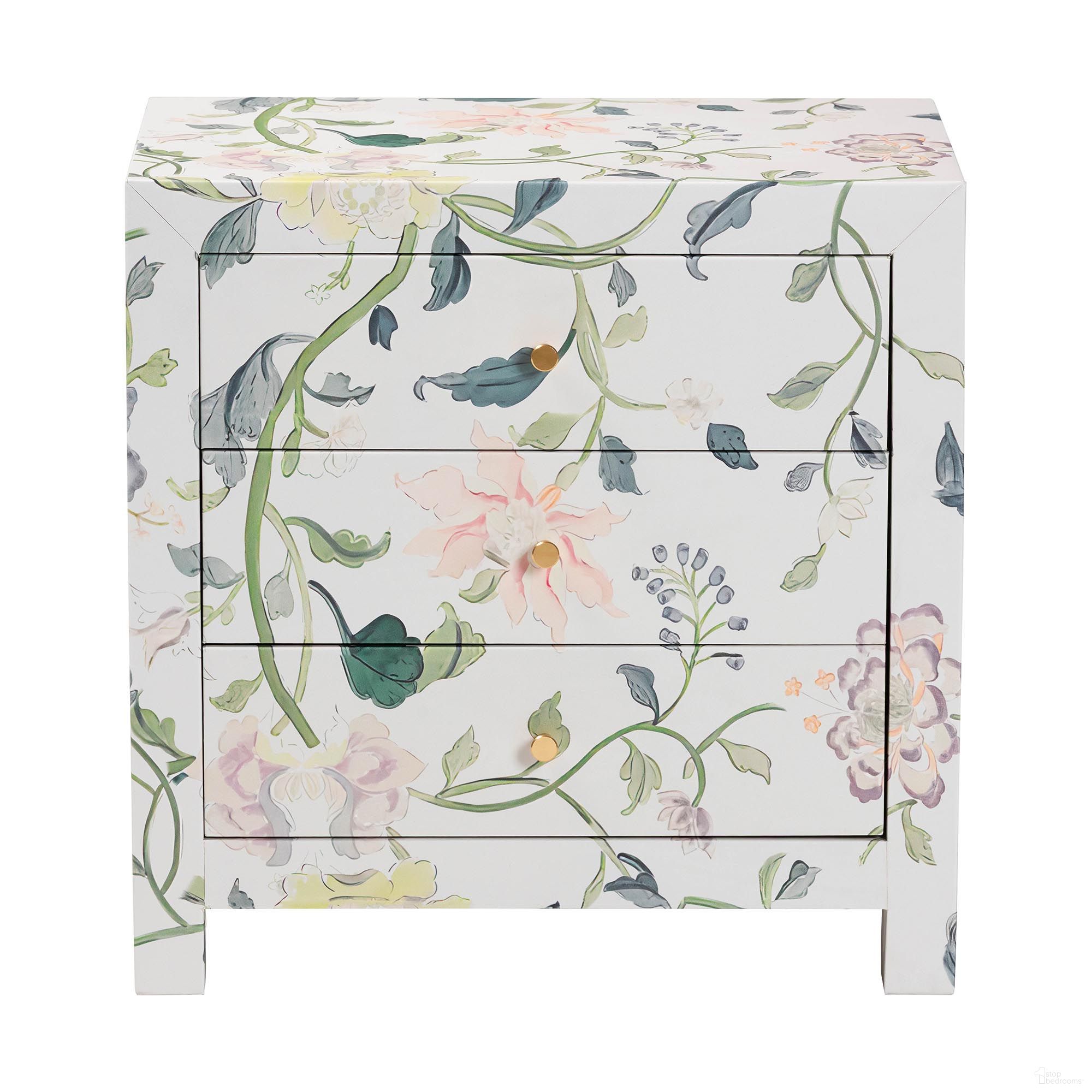The appearance of Connery Floral 3-Drawer End Table with Storage Cabinet In Multicolor and White designed by Baxton Studio in the modern / contemporary interior design. This white and multicolor piece of furniture  was selected by 1StopBedrooms from Connery Collection to add a touch of cosiness and style into your home. Sku: JY25A010-Floral Printed Canvas-Wooden-ET. Material: PU.