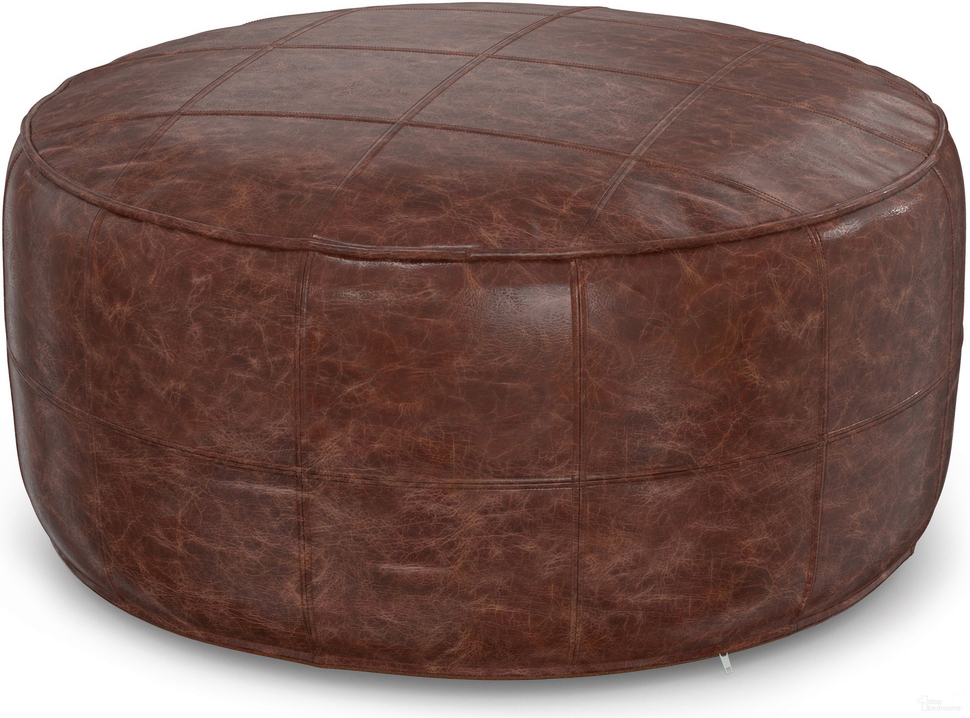 The appearance of Connor Genuine Leather 34 Inch Round Coffee Table Pouf In Distressed Brown designed by Simpli Home in the bohemian interior design. This distressed brown piece of furniture was selected by 1StopBedrooms from Connor Collection to add a touch of cosiness and style into your home. Sku: AXCPFCT-76-DBR. Material: Genuine Leather.