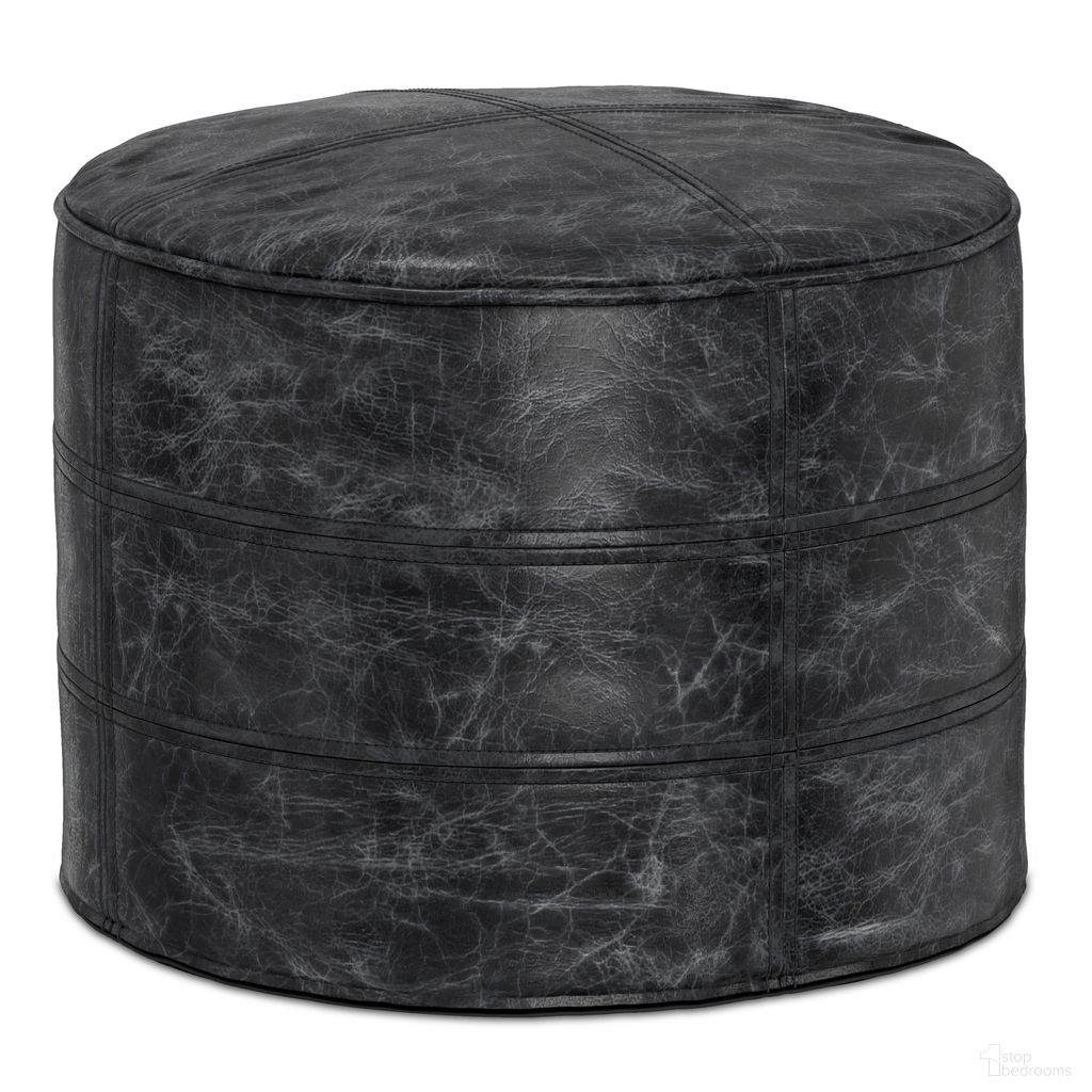 The appearance of Connor Genuine Leather Round Pouf In Distressed Black designed by Simpli Home in the bohemian interior design. This distressed black piece of furniture  was selected by 1StopBedrooms from Connor Collection to add a touch of cosiness and style into your home. Sku: AXCPF-76-DBL. Material: Genuine Leather.