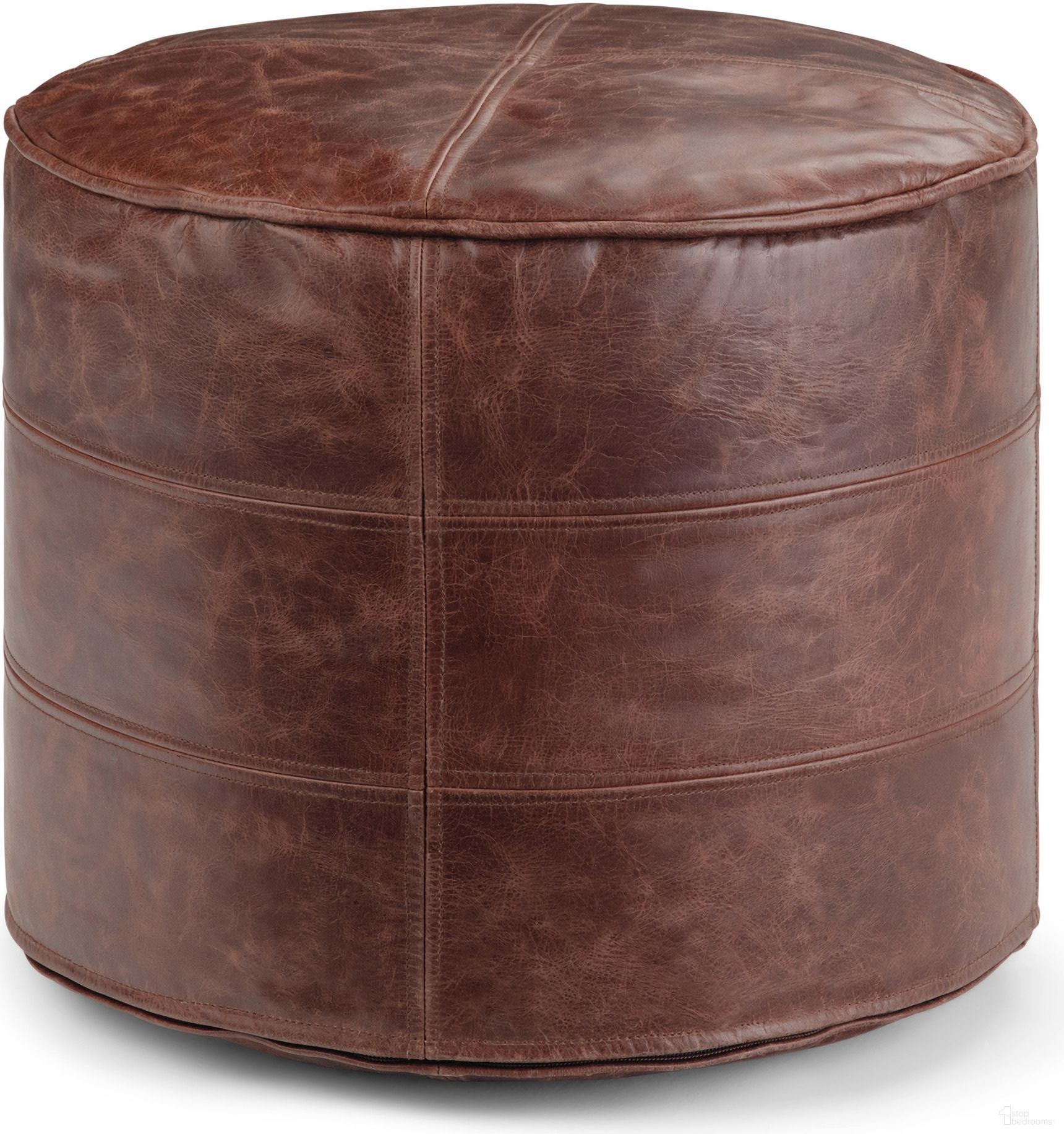 The appearance of Connor Genuine Leather Round Pouf In Distressed Brown designed by Simpli Home in the bohemian interior design. This distressed brown piece of furniture was selected by 1StopBedrooms from Connor Collection to add a touch of cosiness and style into your home. Sku: AXCPF-76. Material: Genuine Leather.