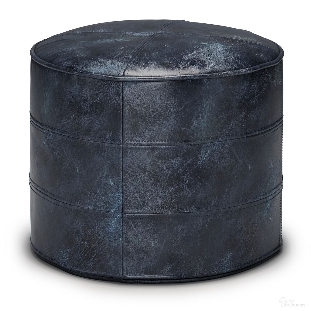 The appearance of Connor Genuine Leather Round Pouf In Distressed Navy Blue designed by Simpli Home in the bohemian interior design. This distressed navy blue piece of furniture was selected by 1StopBedrooms from Connor Collection to add a touch of cosiness and style into your home. Sku: AXCPF-76-DNBU. Material: Genuine Leather.
