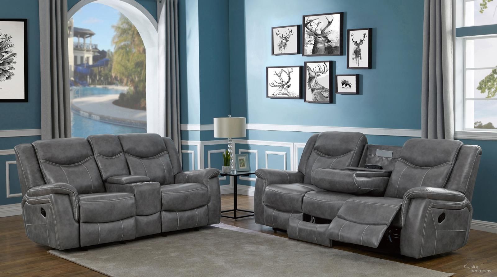 The appearance of Conrad Reclining Living Room Set In Grey designed by Coaster in the modern / contemporary interior design. This grey piece of furniture was selected by 1StopBedrooms from Conrad Collection to add a touch of cosiness and style into your home. Sku: 650354;650355. Material: Upholstered.
