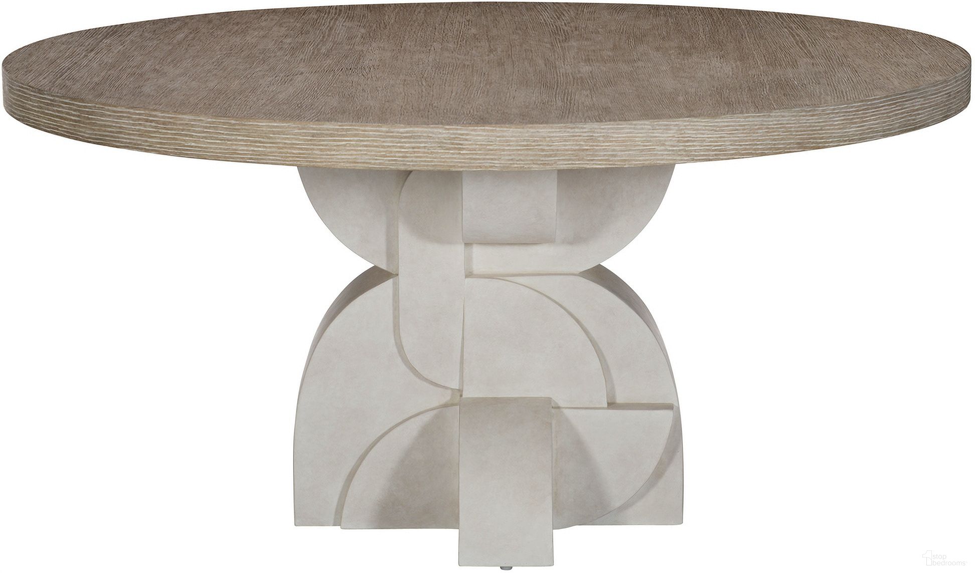 The appearance of Constantin Dining Table designed by Bernhardt in the transitional interior design. This flaxen/vellum piece of furniture  was selected by 1StopBedrooms from Constantin Collection to add a touch of cosiness and style into your home. Sku: 309272;309273. Table Base Style: Pedestal. Table Top Shape: Round. Material: Wood. Size: 60".