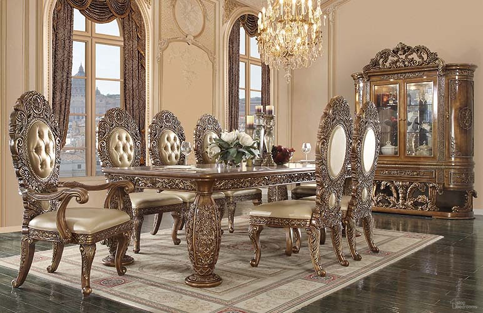 The appearance of Constantine Dining Room Set In Brown And Gold Finish designed by ACME in the transitional interior design. This brown and gold piece of furniture  was selected by 1StopBedrooms from Constantine Collection to add a touch of cosiness and style into your home. Sku: DN00477-1;DN00477-2;DN00478. Table Base Style: Legs. Material: Wood. Table Top Shape: Rectangular. Size: 108".
