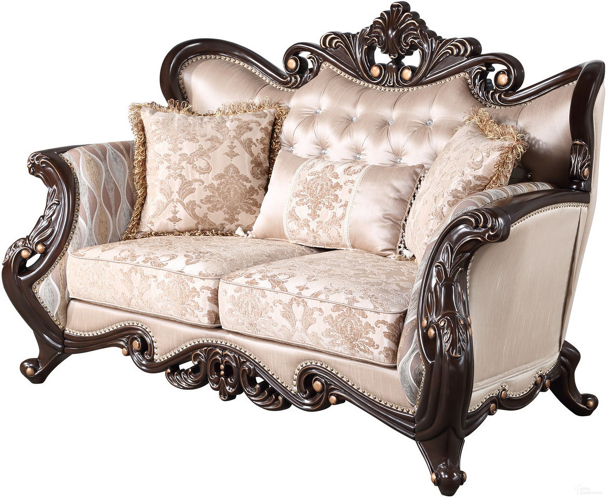 The appearance of Constantine Loveseat In Cherry designed by New Classic in the traditional interior design. This cherry piece of furniture was selected by 1StopBedrooms from Constantine Collection to add a touch of cosiness and style into your home. Sku: U532T-20. Material: Wood.