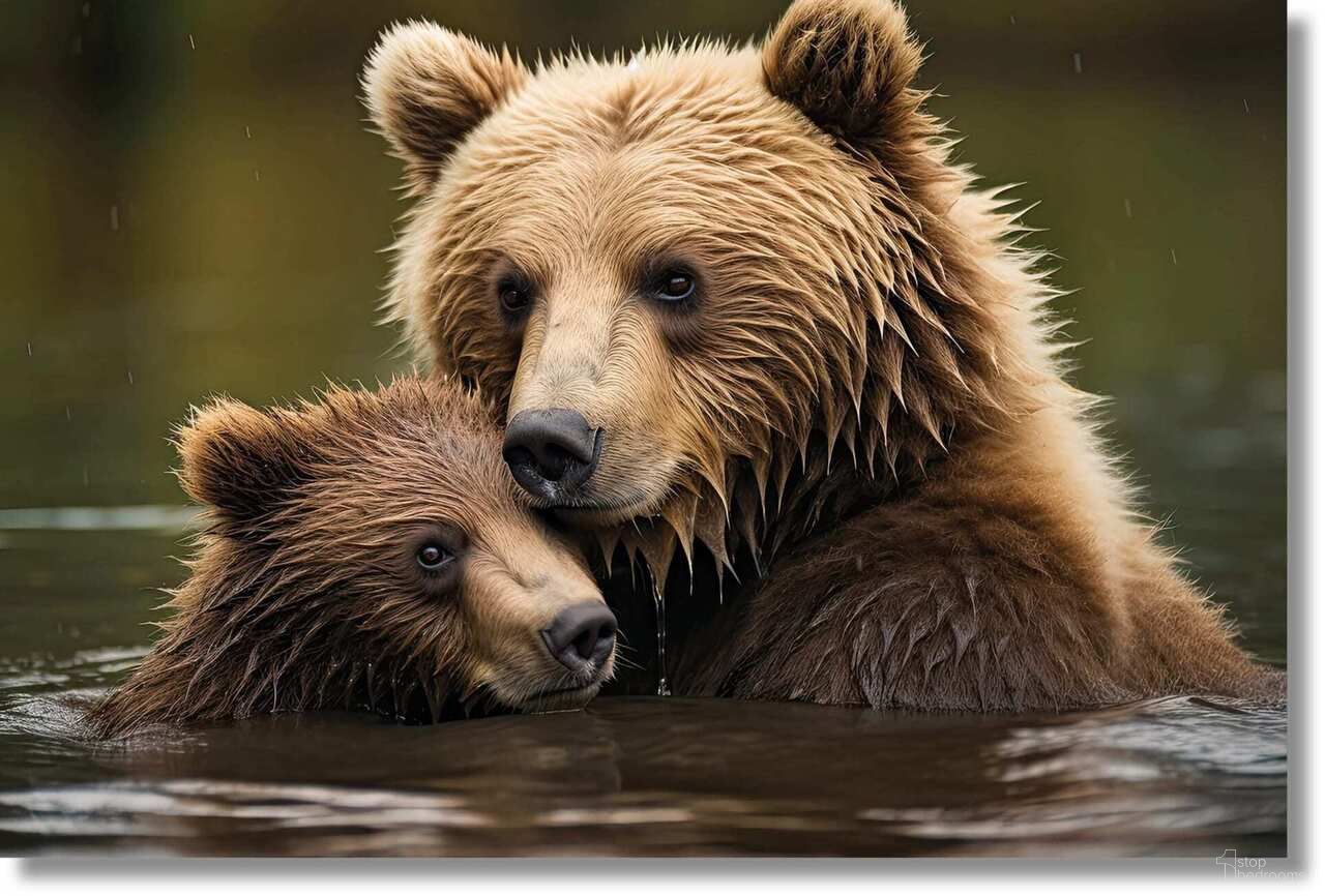 Contemplative Bear Family Frameless Tempered Glass Wall Art In Multi