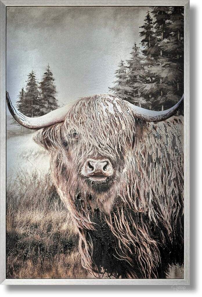 Contemplative Highland Cow Art Print Aluminum Wall Art In Multi