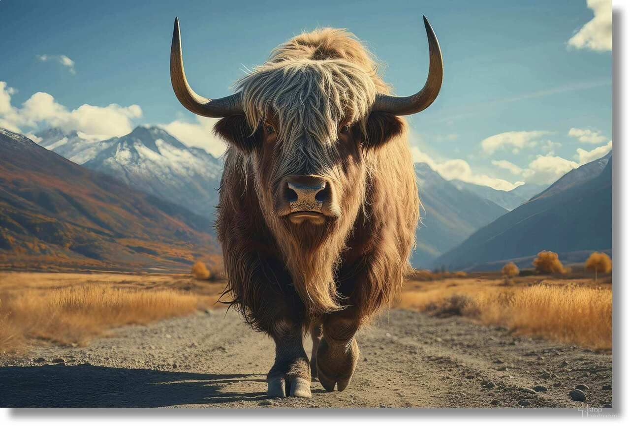 Contemplative Highway Cow Frameless Tempered Glass Wall Art In Multi
