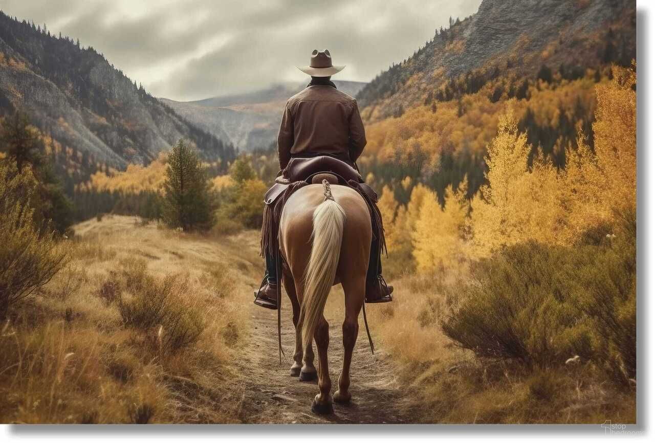 Contemplative Rider in Autumn Landscape Frameless Tempered Glass Wall Art In Multi