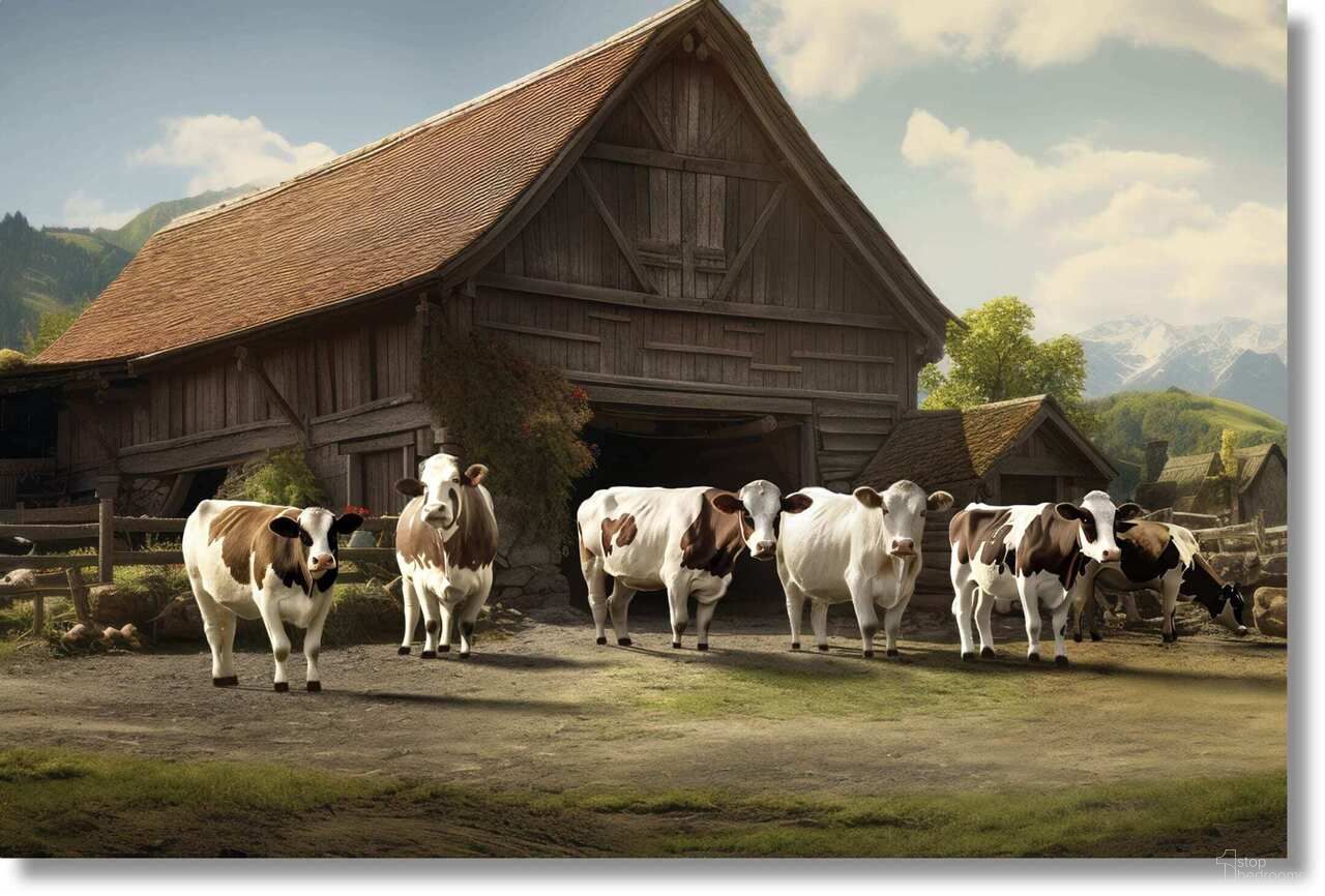 Contemplative Rustic Farm with Cows Frameless Tempered Glass Wall Art In Multi
