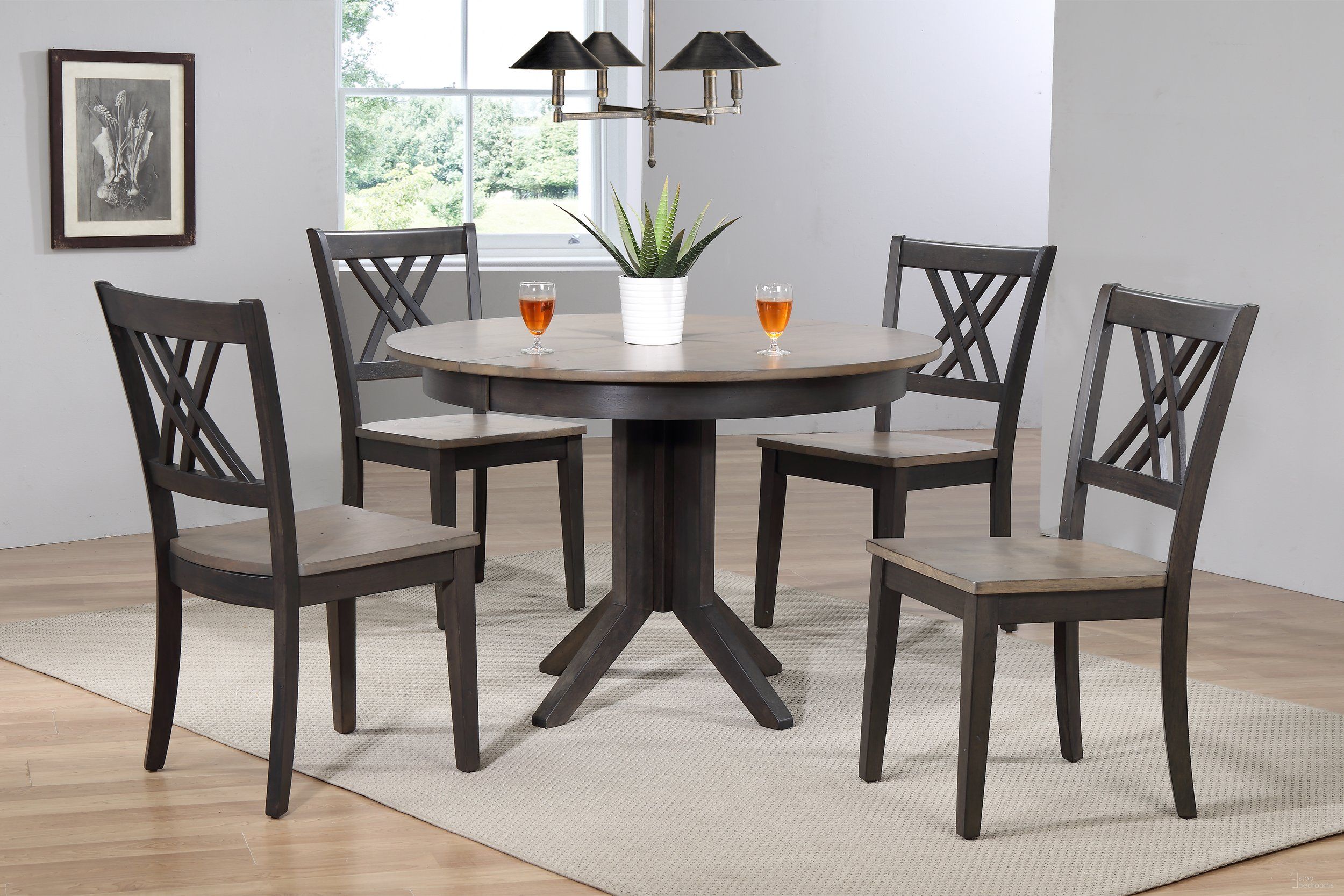 The appearance of Contemporary Double X-Back 5-Piece Dining Set In Grey Stone and Black Stone designed by Iconic Furniture in the transitional interior design. This grey stone and black stone piece of furniture was selected by 1StopBedrooms from Deco & Contemporary Collection to add a touch of cosiness and style into your home. Sku: RD45CONCH56GRSBKS-5PC. Table Base Style: Pedestal. Table Top Shape: Round. Material: Rubberwood.