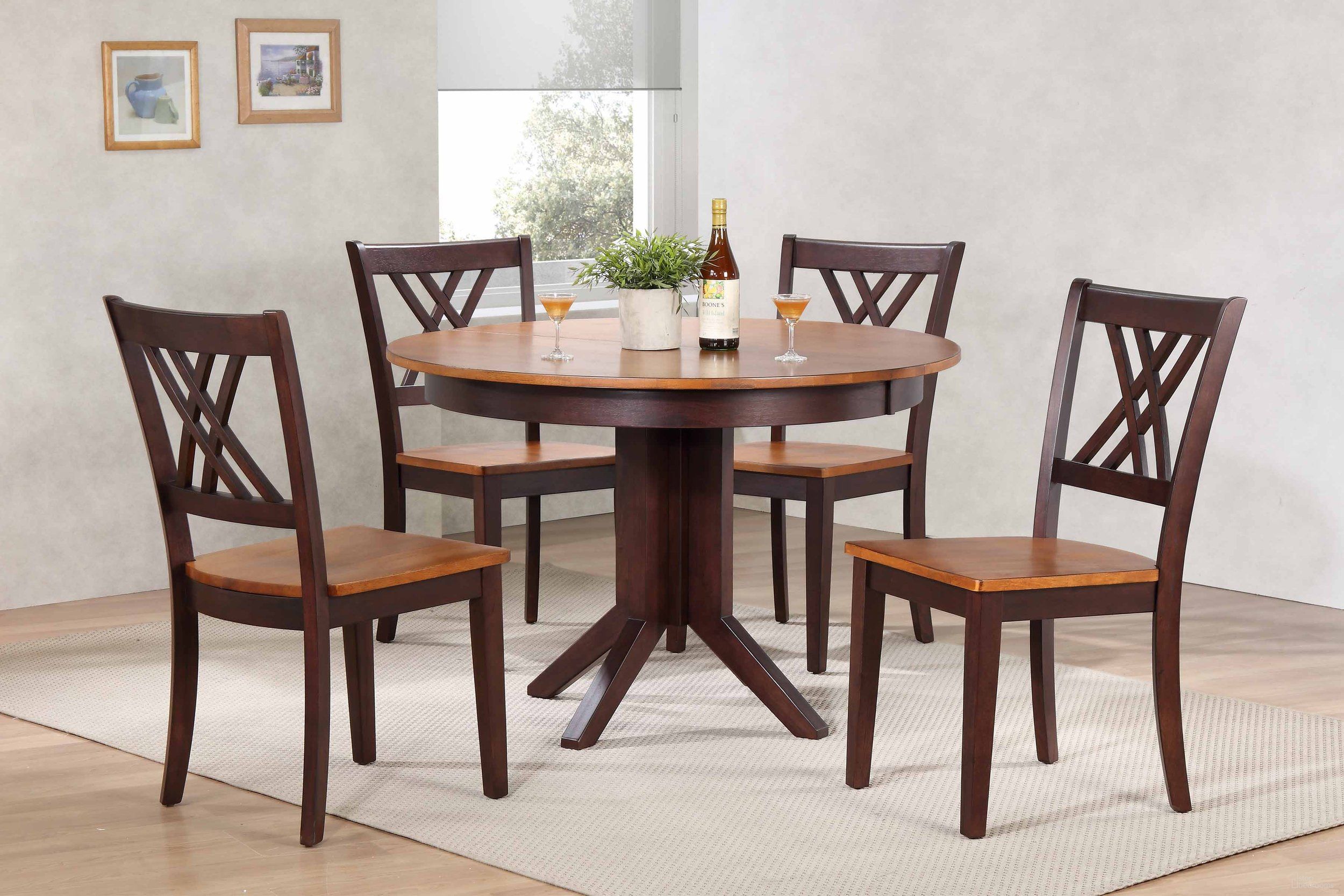 The appearance of Contemporary Double X-Back 5-Piece Dining Set In Whiskey and Mocha designed by Iconic Furniture in the transitional interior design. This whiskey and mocha piece of furniture  was selected by 1StopBedrooms from Deco & Contemporary Collection to add a touch of cosiness and style into your home. Sku: RD45CONCH56WYMA-5PC. Table Base Style: Pedestal. Table Top Shape: Round. Material: Rubberwood.