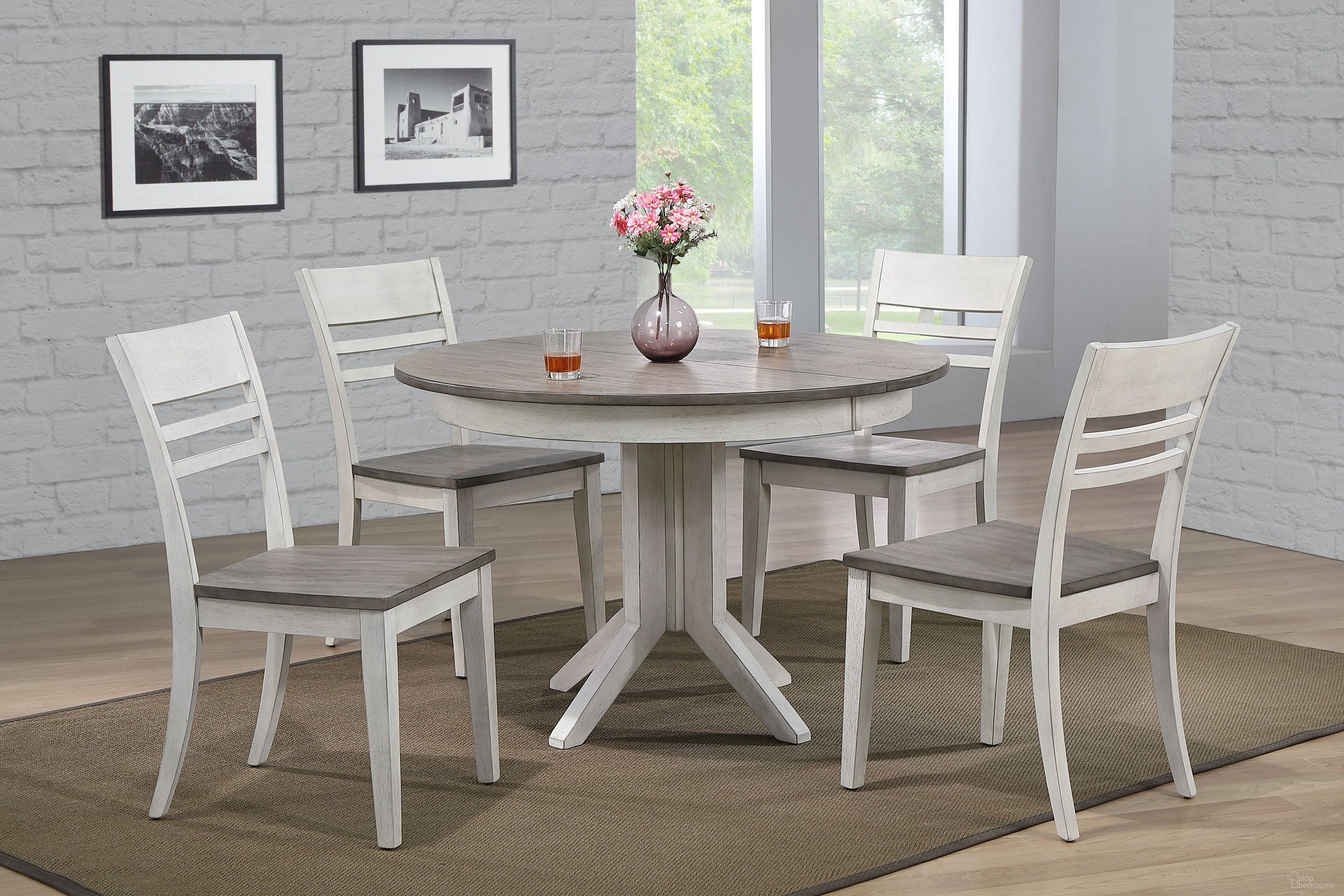 The appearance of Contemporary Table Transitional Ladder Back 5-Piece Dining Set In Ash and Stormy White designed by Iconic Furniture in the transitional interior design. This ash and stormy white piece of furniture  was selected by 1StopBedrooms from Ash & Stormy White Collection to add a touch of cosiness and style into your home. Sku: RD45CONCH63ASHSTW-5PC. Table Base Style: Pedestal. Table Top Shape: Round. Material: Rubberwood.