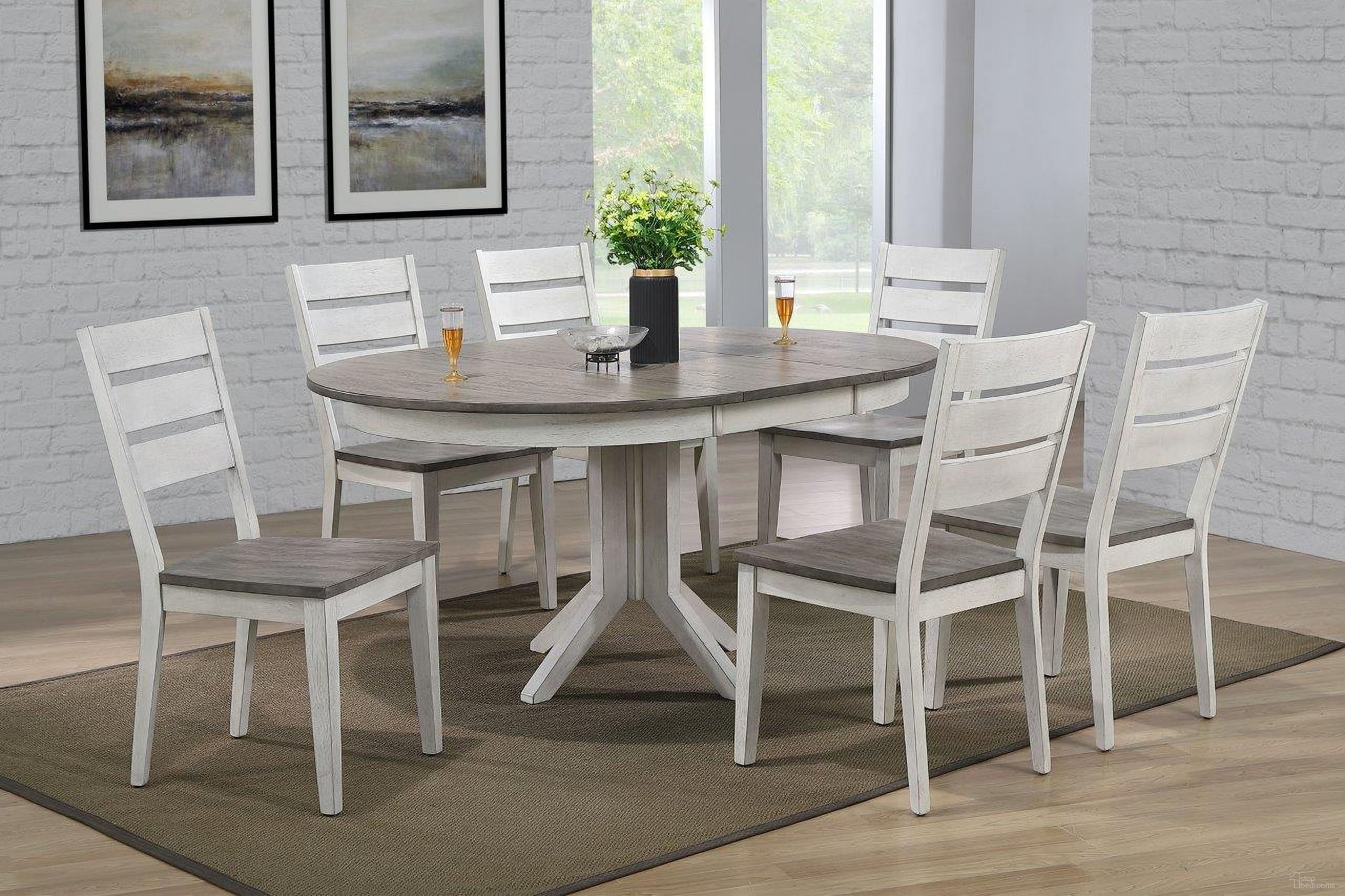 The appearance of Contemporary Table With Ladder Back Chairs 7- Piece Dining Set In Ash and Stormy White designed by Iconic Furniture in the transitional interior design. This ash and stormy white piece of furniture  was selected by 1StopBedrooms from Ash & Stormy White Collection to add a touch of cosiness and style into your home. Sku: RD45CONCH64ASHSTW-7PC. Table Base Style: Pedestal. Table Top Shape: Round. Material: Rubberwood.