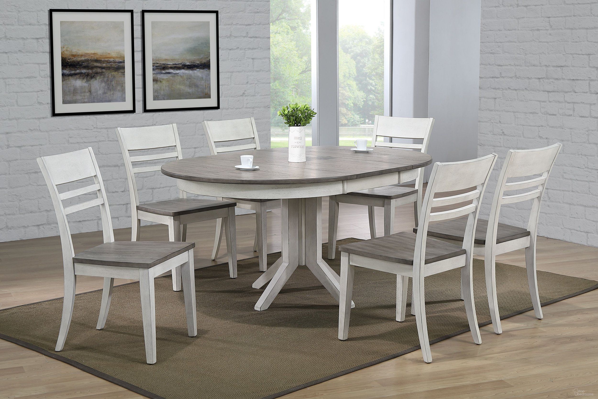 The appearance of Contemporary Table With Transitional Ladder Back Chairs 7-Piece Dining Set In Ash and Stormy White designed by Iconic Furniture in the transitional interior design. This ash and stormy white piece of furniture  was selected by 1StopBedrooms from Ash & Stormy White Collection to add a touch of cosiness and style into your home. Sku: RD45CONCH63ASHSTW-7PC. Table Base Style: Pedestal. Table Top Shape: Round. Material: Rubberwood.