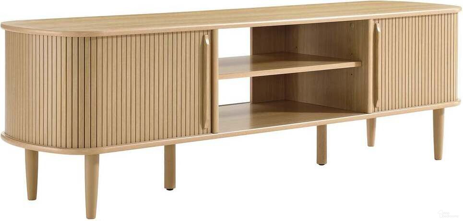 The appearance of Contour 63 Inch Wood TV Stand In Oak designed by Modway in the transitional interior design. This oak piece of furniture was selected by 1StopBedrooms from Contour Collection to add a touch of cosiness and style into your home. Sku: EEI-6795-OAK. Material: MDF.