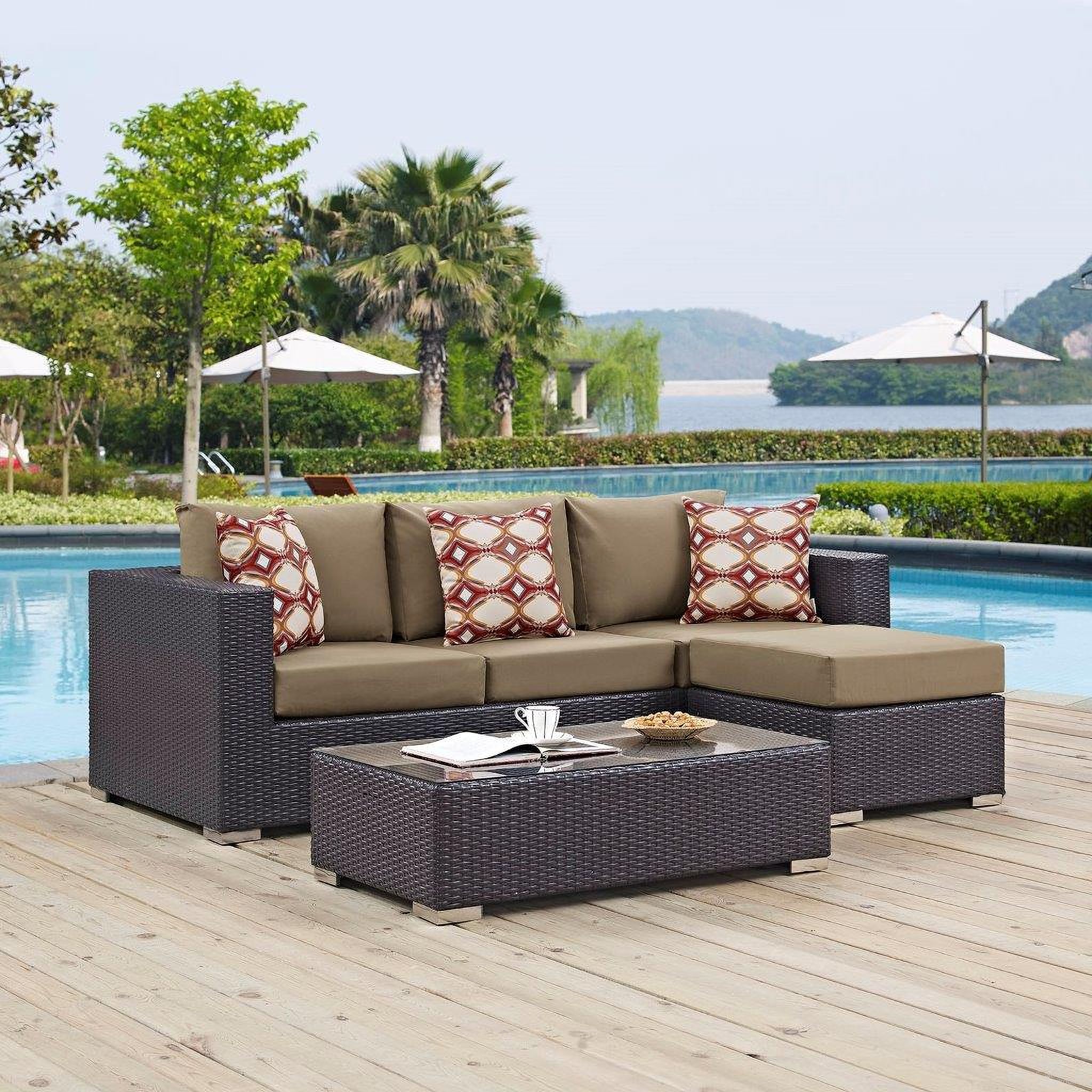The appearance of Convene 3 Piece Outdoor Patio Sofa Set In Espresso Mocha designed by Modway in the modern / contemporary interior design. This espresso mocha piece of furniture was selected by 1StopBedrooms from Convene Collection to add a touch of cosiness and style into your home. Sku: EEI-1844-EXP-MOC-Y;EEI-1908-EXP-Y;EEI-1911-EXP-MOC-Y;EEI-2156-REP. Material: Polyester.