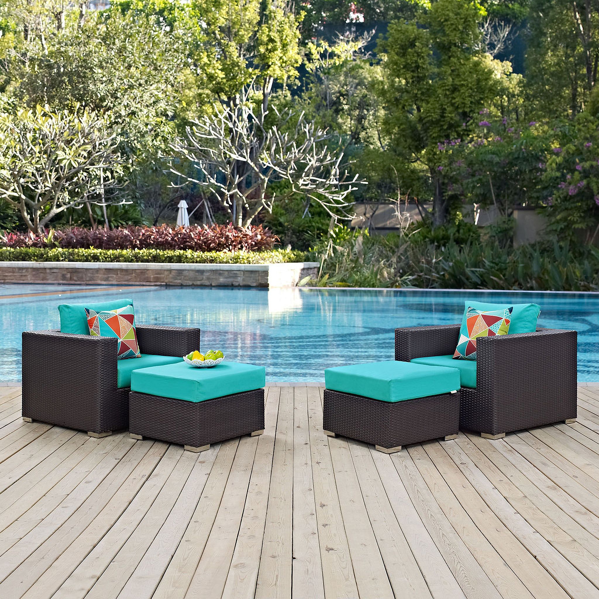 The appearance of Convene 4-Piece Outdoor Patio Sectional Set In Espresso Turquoise designed by Modway in the modern / contemporary interior design. This espresso turquoise piece of furniture  was selected by 1StopBedrooms from Convene Collection to add a touch of cosiness and style into your home. Sku: EEI-1906-EXP-TRQ-Y;EEI-1911-EXP-TRQ-Y;EEI-2156-MOS;EEI-1906-EXP-TRQ-Y;EEI-1911-EXP-TRQ-Y. Material: Foam.