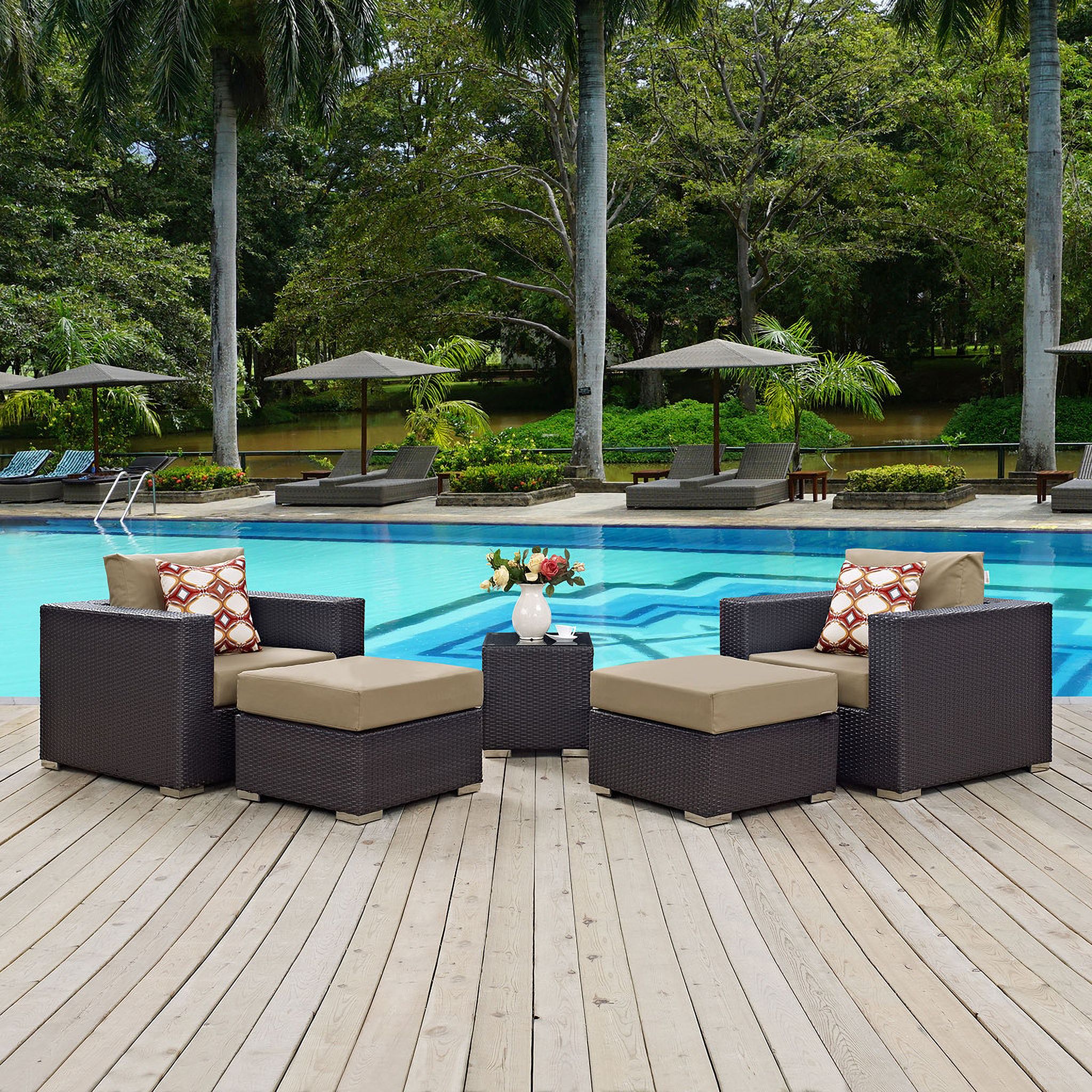 The appearance of Convene 5-Piece Outdoor Patio Sectional Set In Espresso Mocha designed by Modway in the modern / contemporary interior design. This espresso mocha piece of furniture was selected by 1StopBedrooms from Convene Collection to add a touch of cosiness and style into your home. Sku: EEI-1906-EXP-MOC-Y;EEI-1909-EXP-Y;EEI-1911-EXP-MOC-Y;EEI-2156-REP;EEI-1906-EXP-MOC-Y;EEI-1911-EXP-MOC-Y. Material: Foam.