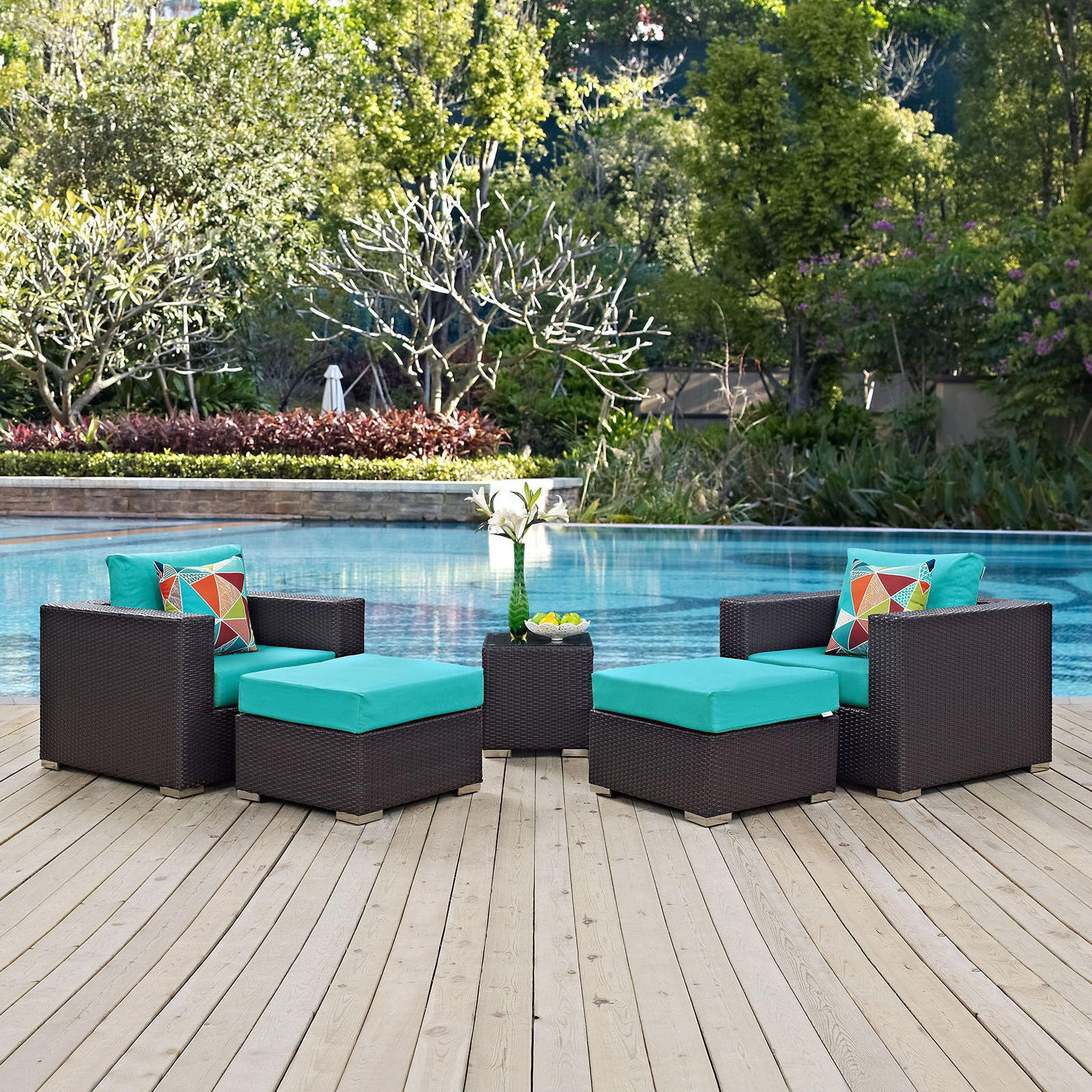 The appearance of Convene 5-Piece Outdoor Patio Sectional Set In Espresso Turquoise designed by Modway in the transitional interior design. This espresso turquoise piece of furniture  was selected by 1StopBedrooms from Convene Collection to add a touch of cosiness and style into your home. Sku: EEI-1906-EXP-TRQ-Y;EEI-1909-EXP-Y;EEI-1911-EXP-TRQ-Y;EEI-2156-MOS;EEI-1906-EXP-TRQ-Y;EEI-1911-EXP-TRQ-Y. Material: Foam.