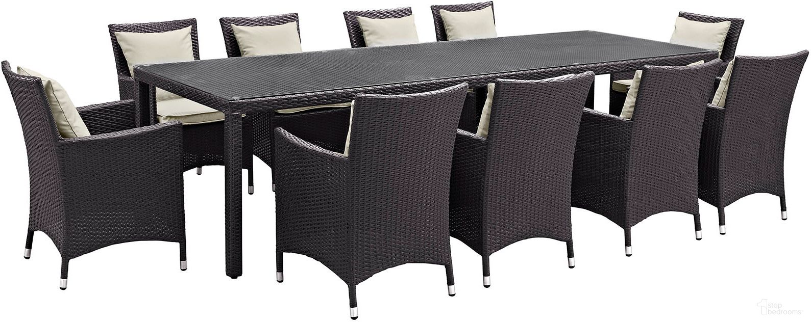 The appearance of Convene Espresso Beige 11 Piece Outdoor Patio Dining Set EEI-2219-EXP-BEI-SET designed by Modway in the modern / contemporary interior design. This espresso beige piece of furniture was selected by 1StopBedrooms from Convene Collection to add a touch of cosiness and style into your home. Sku: EEI-1913-BEI;EEI-1913-EXP;EEI-1921-EXP;EEI-1913-EXP;EEI-1913-EXP;EEI-1913-EXP;EEI-1913-EXP;EEI-1913-EXP;EEI-1913-EXP;EEI-1913-EXP;EEI-1913-EXP;EEI-1913-EXP. Table Base Style: Legs. Material: Rattan. Table Top Shape: Rectangular.