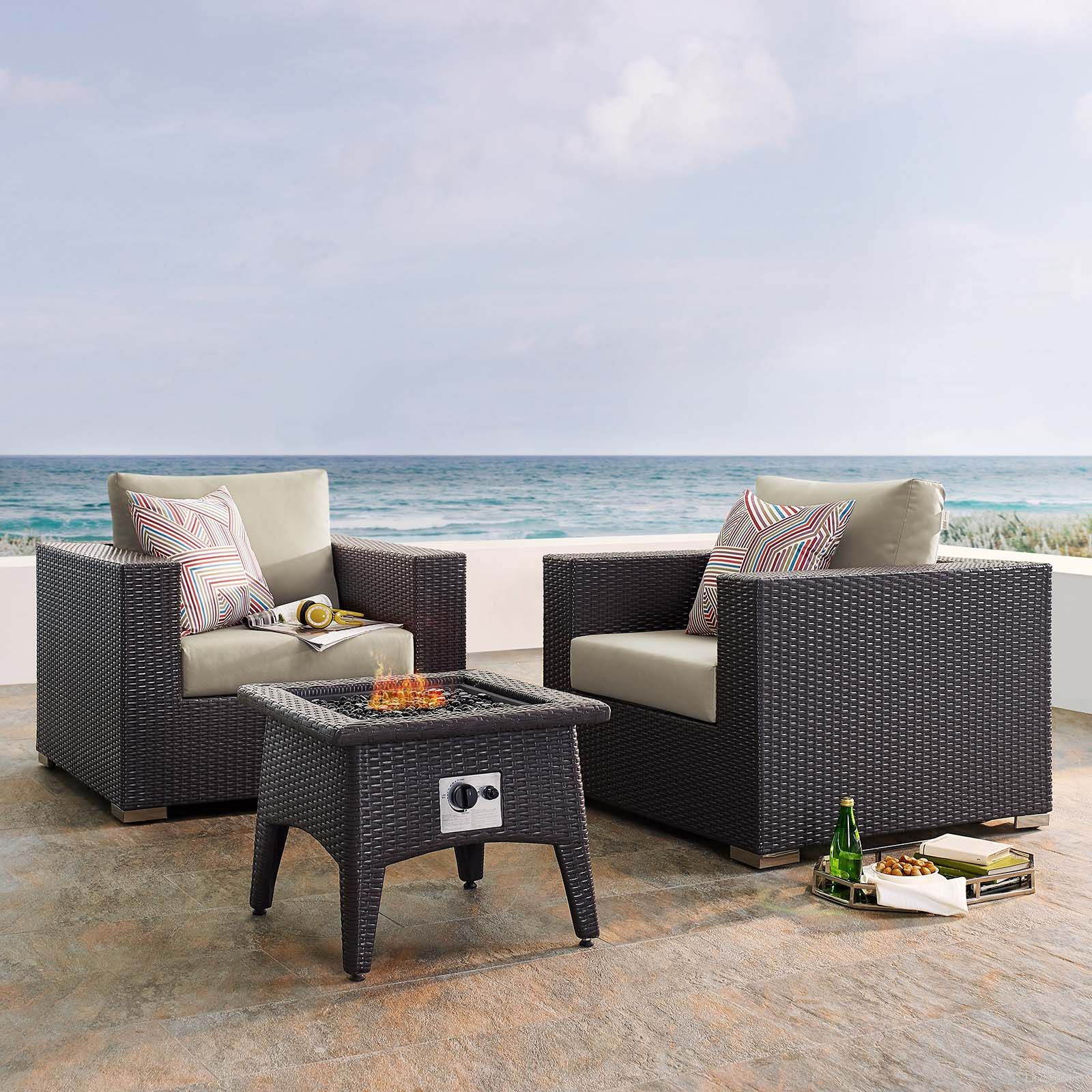 The appearance of Convene Espresso Beige 3 Piece Set Outdoor Patio with Fire Pit EEI-3727-EXP-BEI-SET designed by Modway in the modern / contemporary interior design. This espresso beige piece of furniture was selected by 1StopBedrooms from Convene Collection to add a touch of cosiness and style into your home. Sku: EEI-1906-EXP-BEI-Y;EEI-2990-EXP;EEI-1906-EXP-BEI-Y. Material: Aluminum.