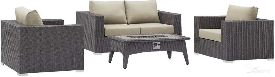 The appearance of Convene 4-Piece Set Outdoor Patio With Fire Pit In Espresso Beige designed by Modway in the modern / contemporary interior design. This espresso beige piece of furniture was selected by 1StopBedrooms from Convene Collection to add a touch of cosiness and style into your home. Sku: EEI-1906-EXP-BEI-Y;EEI-1907-EXP-BEI-Y;EEI-2991-EXP;EEI-1906-EXP-BEI-Y. Material: Rattan.
