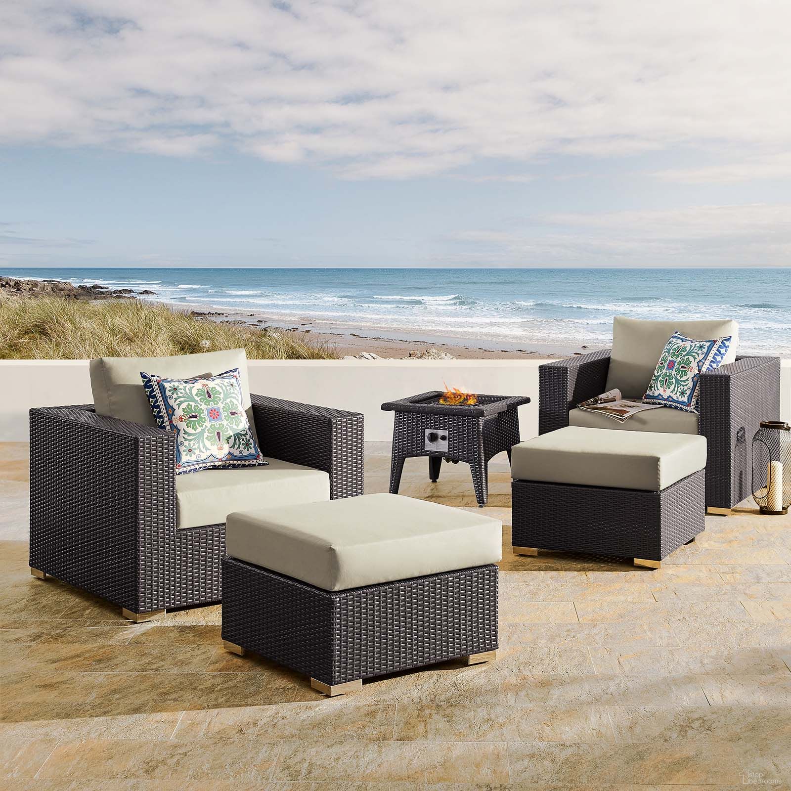 Convene Espresso Beige 5 Piece Set Outdoor Patio with Fire Pit EEI-3726-EXP-BEI-SET