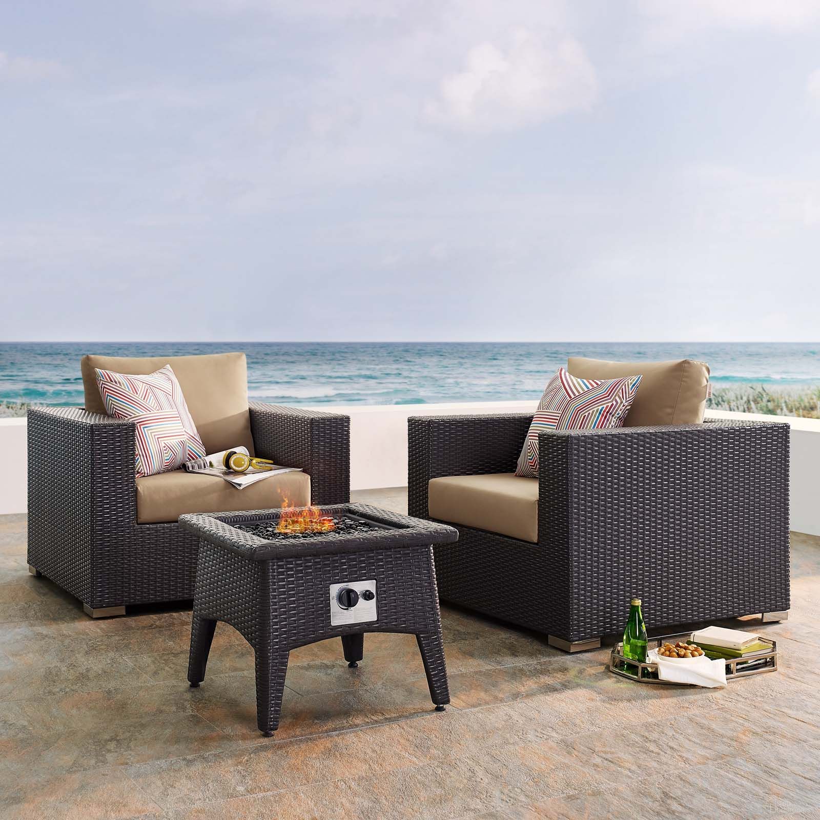 Convene Espresso Mocha 3 Piece Set Outdoor Patio with Fire Pit EEI-3727-EXP-MOC-SET
