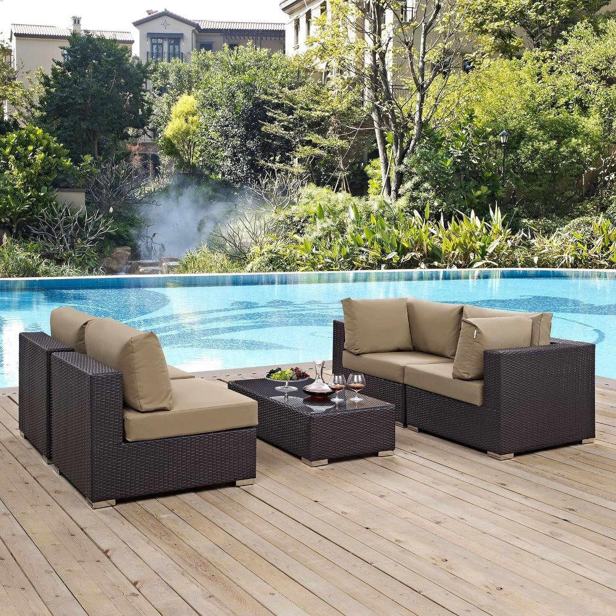 The appearance of Convene Espresso Mocha 5 Piece Outdoor Patio Sectional Set EEI-2163-EXP-MOC-SET designed by Modway in the modern / contemporary interior design. This espresso mocha piece of furniture was selected by 1StopBedrooms from Convene Collection to add a touch of cosiness and style into your home. Sku: EEI-1840-EXP-MOC-Y;EEI-1908-EXP-Y;EEI-1910-EXP-MOC-Y;EEI-1840-EXP-MOC-Y;EEI-1910-EXP-MOC-Y. Material: Steel.