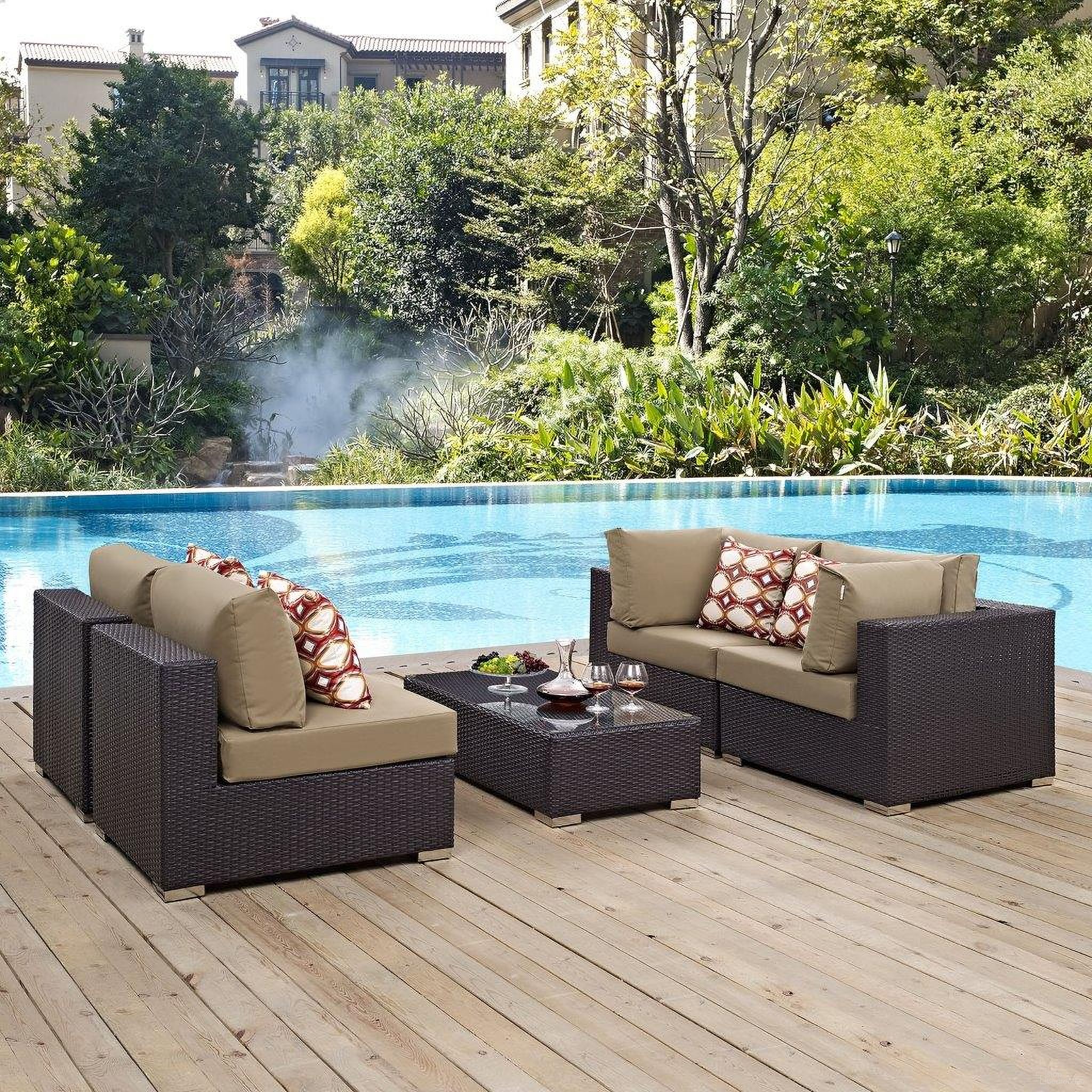 The appearance of Convene Espresso Mocha 5 Piece Outdoor Patio Sectional Set EEI-2356-EXP-MOC-SET designed by Modway in the modern / contemporary interior design. This espresso mocha piece of furniture was selected by 1StopBedrooms from Convene Collection to add a touch of cosiness and style into your home. Sku: EEI-1840-EXP-MOC-Y;EEI-1908-EXP-Y;EEI-1910-EXP-MOC-Y;EEI-2156-REP;EEI-1840-EXP-MOC-Y;EEI-1910-EXP-MOC-Y. Material: Steel.