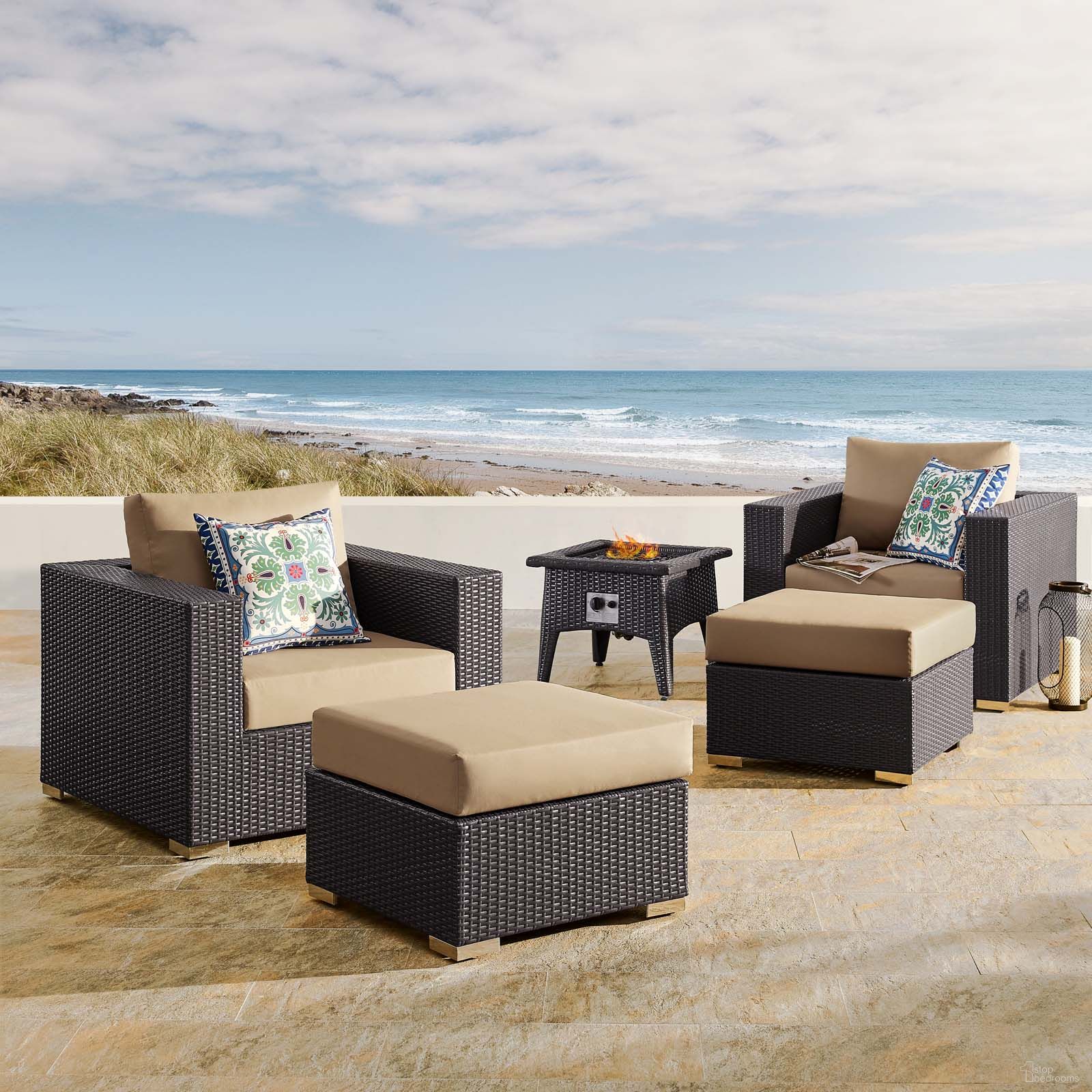 Convene Espresso Mocha 5 Piece Set Outdoor Patio with Fire Pit EEI-3726-EXP-MOC-SET