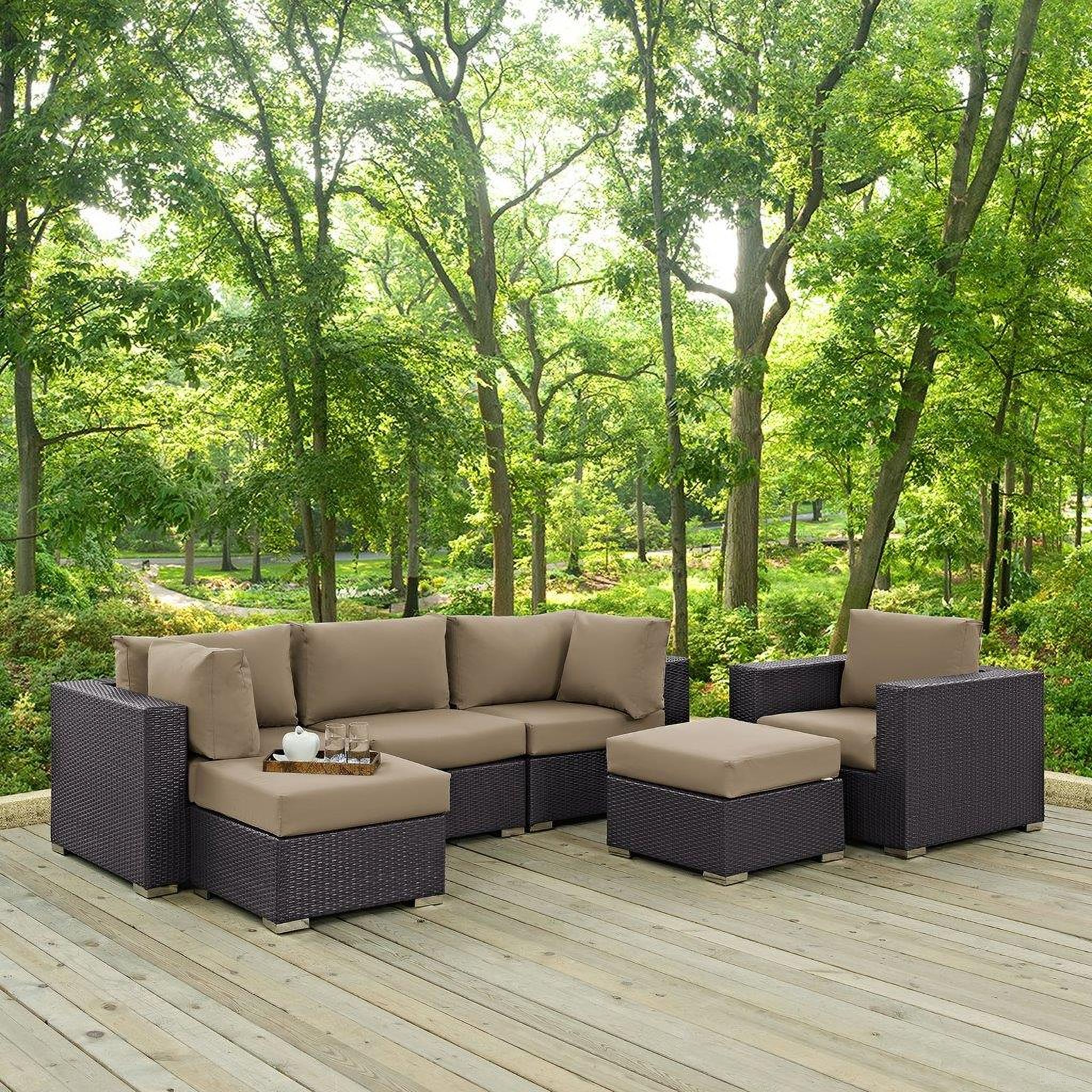 The appearance of Convene Espresso Mocha 6 Piece Outdoor Patio Sectional Set EEI-2207-EXP-MOC-SET designed by Modway in the modern / contemporary interior design. This espresso mocha piece of furniture was selected by 1StopBedrooms from Convene Collection to add a touch of cosiness and style into your home. Sku: EEI-1840-EXP-MOC-Y;EEI-1906-EXP-MOC-Y;EEI-1910-EXP-MOC-Y;EEI-1911-EXP-MOC-Y;EEI-1840-EXP-MOC-Y;EEI-1911-EXP-MOC-Y. Material: Steel.