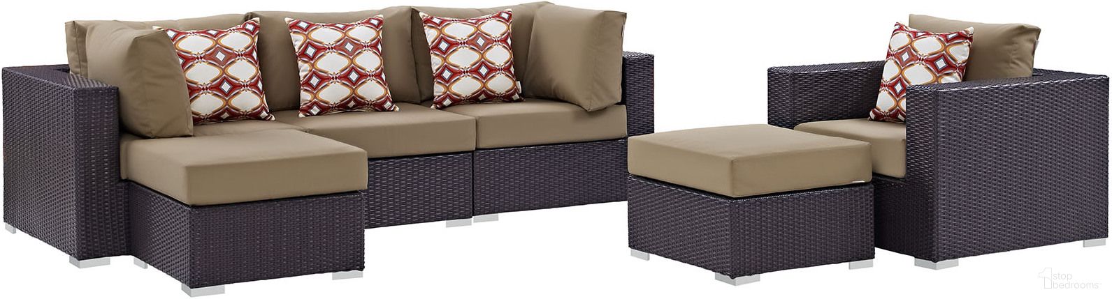 The appearance of Convene Espresso Mocha 6 Piece Outdoor Patio Sectional Set EEI-2372-EXP-MOC-SET designed by Modway in the modern / contemporary interior design. This espresso mocha piece of furniture was selected by 1StopBedrooms from Convene Collection to add a touch of cosiness and style into your home. Sku: EEI-1840-EXP-MOC-Y;EEI-1906-EXP-MOC-Y;EEI-1910-EXP-MOC-Y;EEI-1911-EXP-MOC-Y;EEI-2156-REP;EEI-1840-EXP-MOC-Y;EEI-1911-EXP-MOC-Y. Material: Steel.