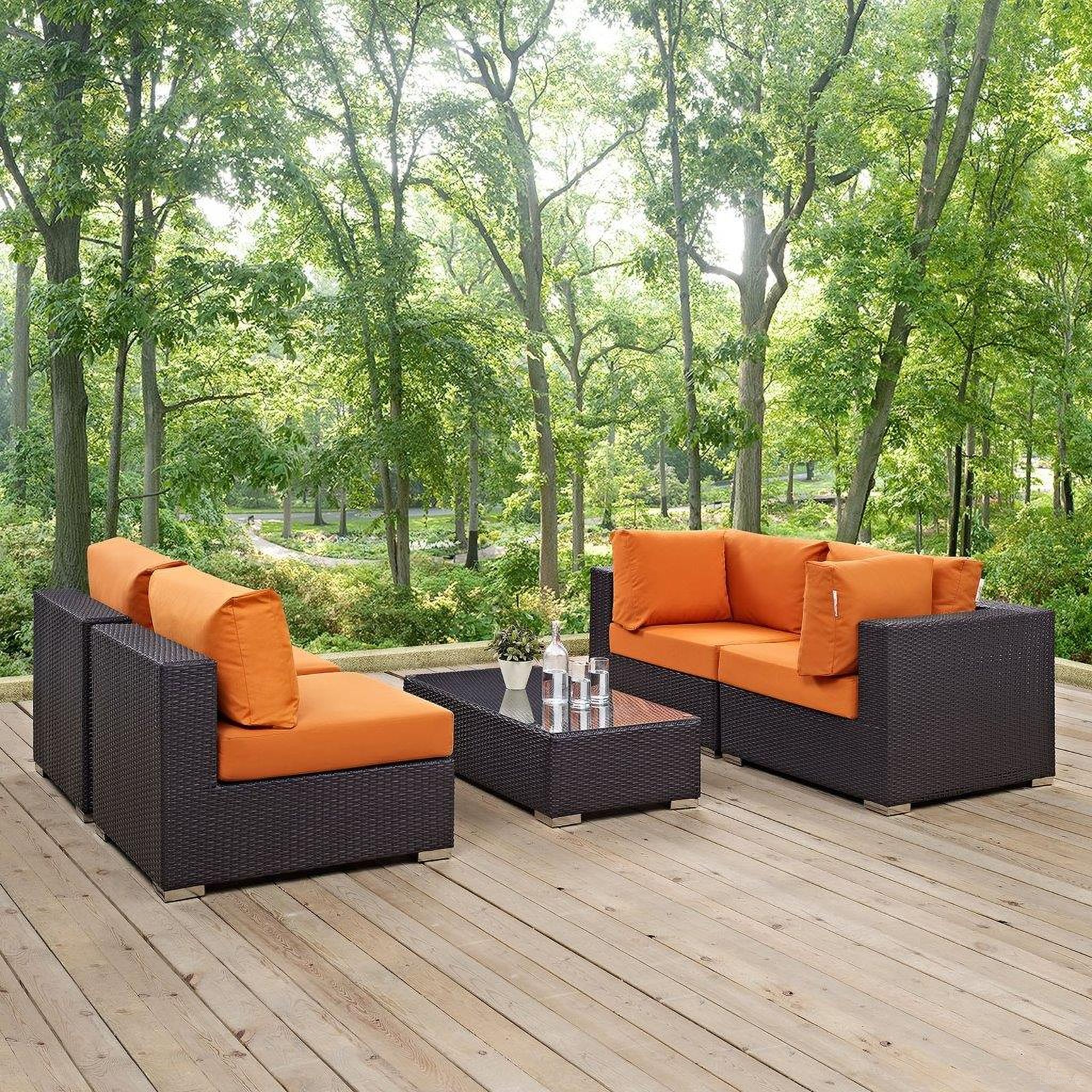 The appearance of Convene Espresso Orange 5 Piece Outdoor Patio Sectional Set EEI-2163-EXP-ORA-SET designed by Modway in the modern / contemporary interior design. This espresso orange piece of furniture  was selected by 1StopBedrooms from Convene Collection to add a touch of cosiness and style into your home. Sku: EEI-2163-EXP-ORA-SET. Material: Steel.